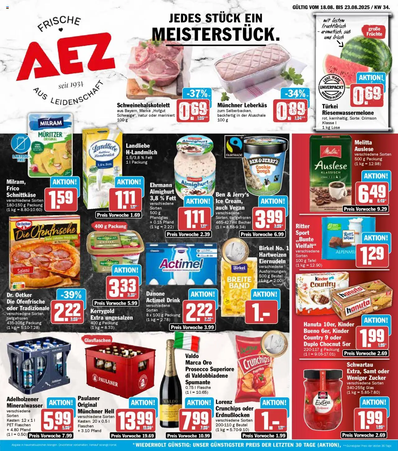 AEZ Prospekt (vom 18.08.2025 - 23.08.2025) - Mineralwasser, Paprika, Zucker, Paulaner, Actimel, Kinder bueno, Adelholzener, Milram