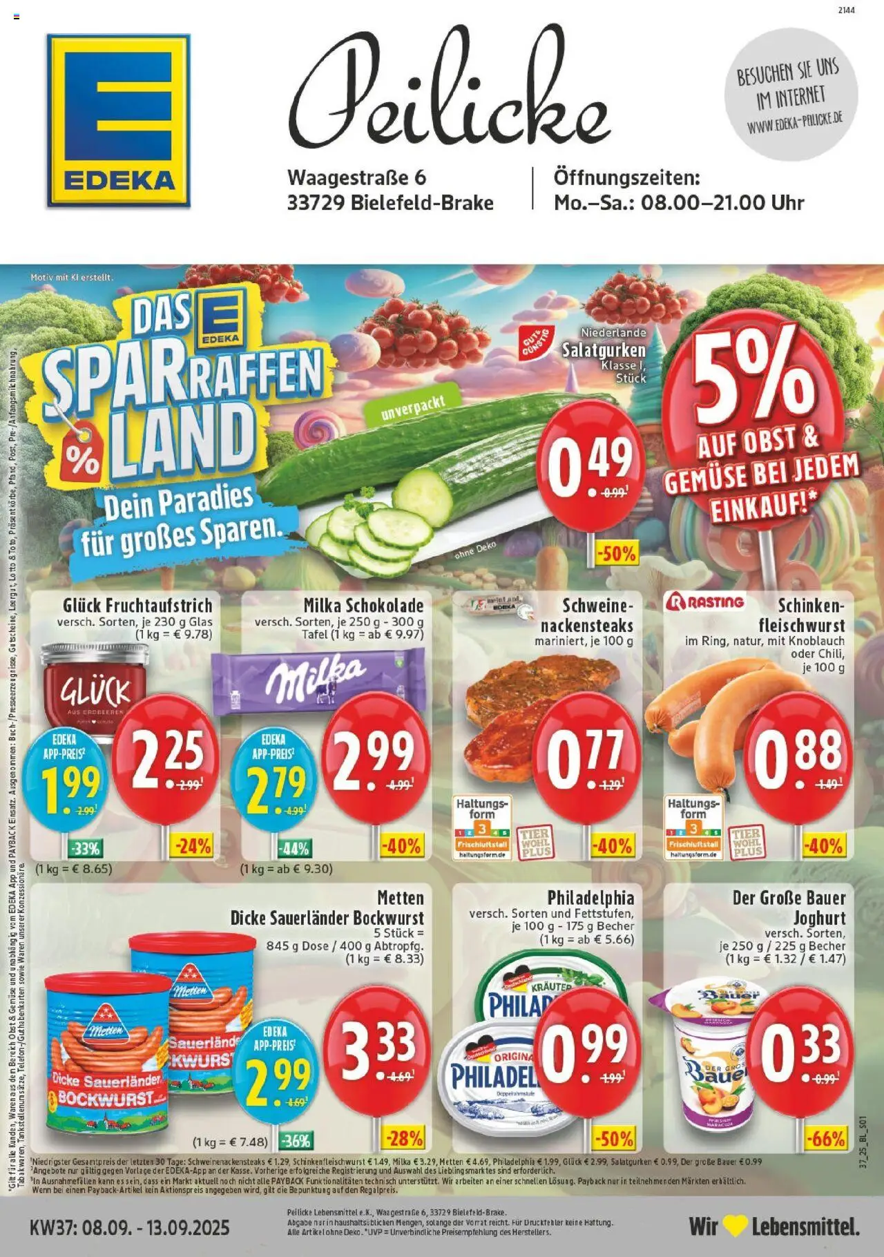 EDEKA Prospekt ab 07.09.2025 - Prospekt Bielefeld-Brake Online - Schokolade, Erdbeeren, Gemüse, Obst, Pfirsich, Schinken, Nackensteaks, Dicke sauerlander bockwurst