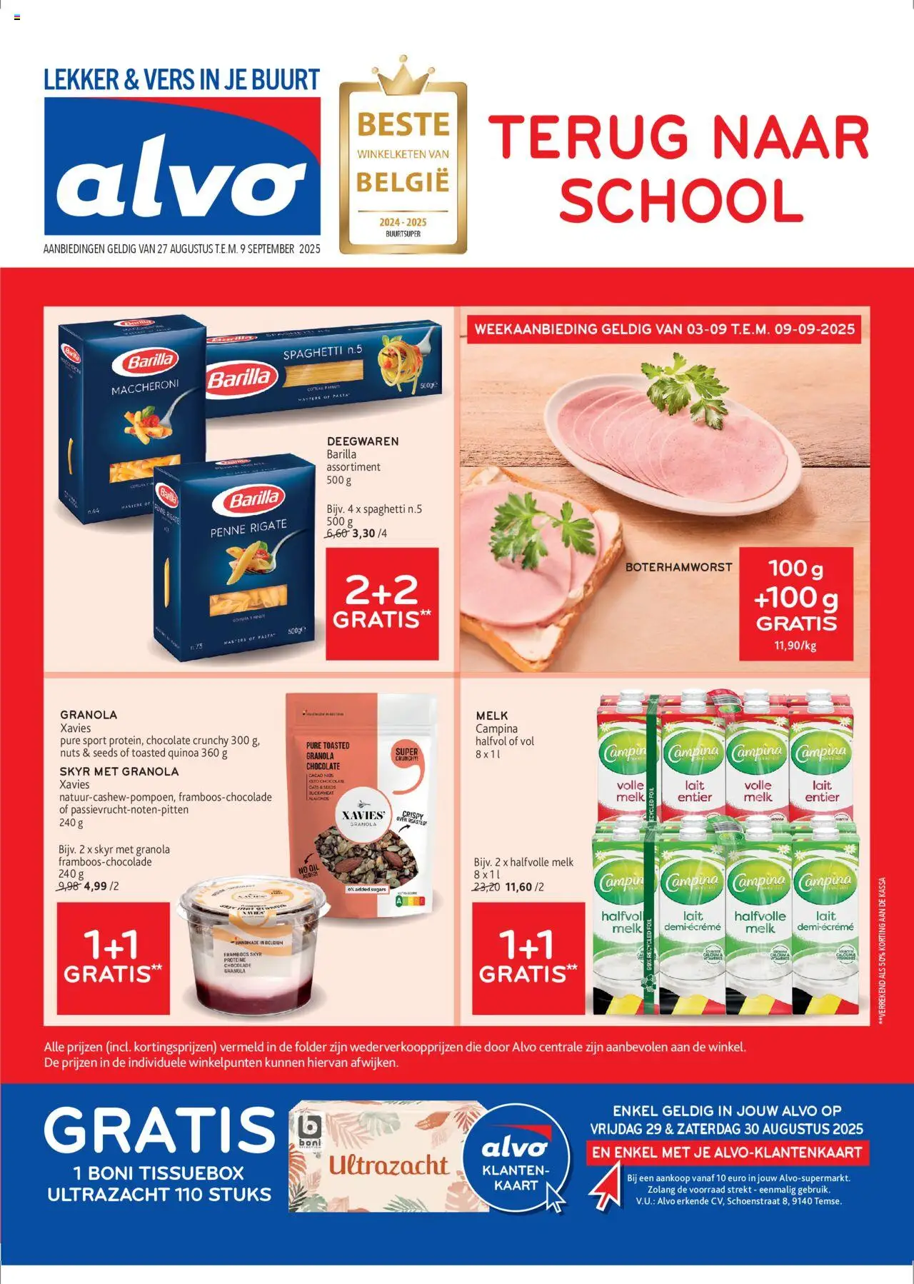 Alvo shop Folder geldig vanaf 27/08/2025 - Paginanummer 1 - Pasta, Quinoa, Kaart, Chocolade, Oven, Melk, Barilla, Tissuebox