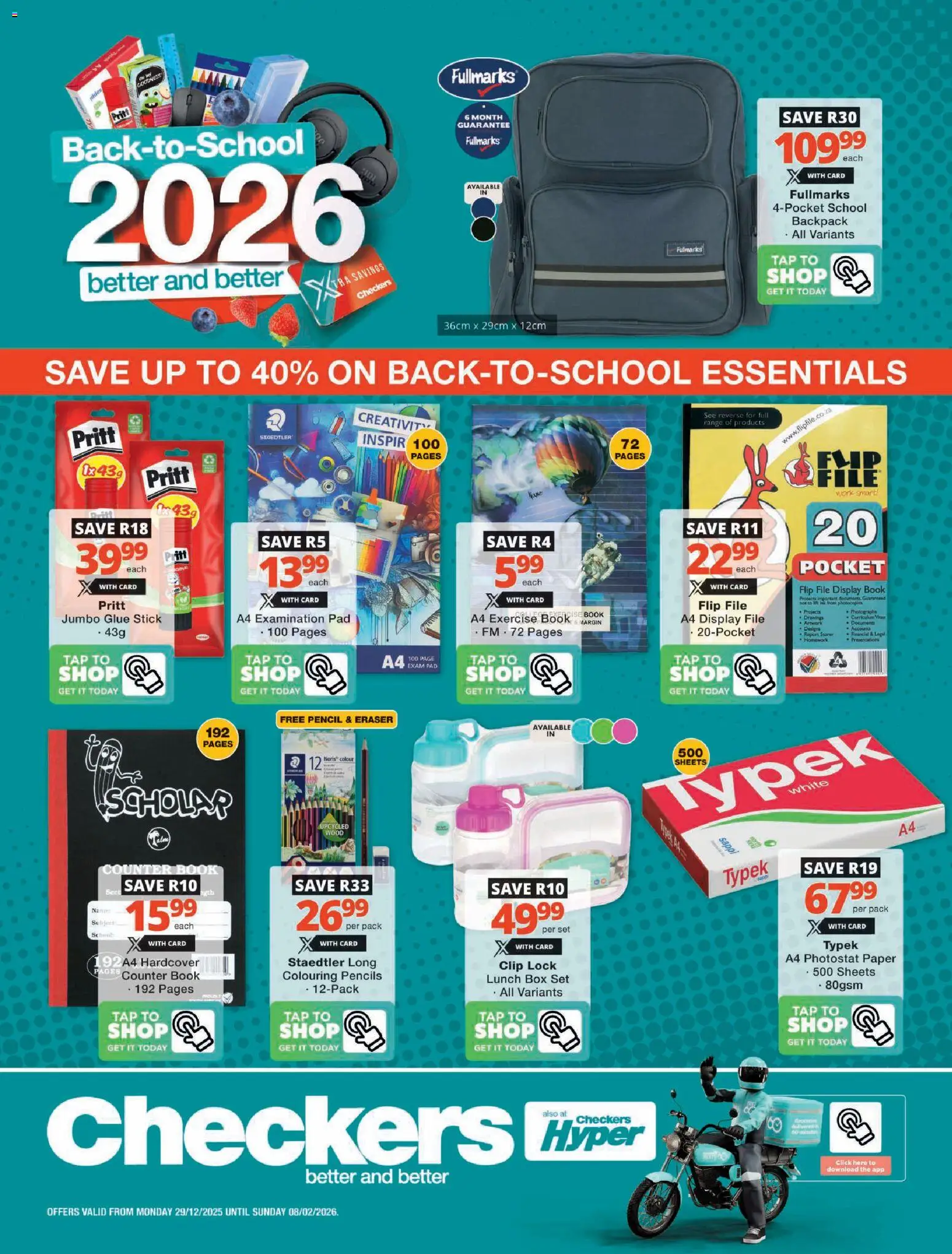 Preview of Checkers flyer valid from 29/12/2025 - Backpack, Lock, Box, Tap, Paper, Pencil