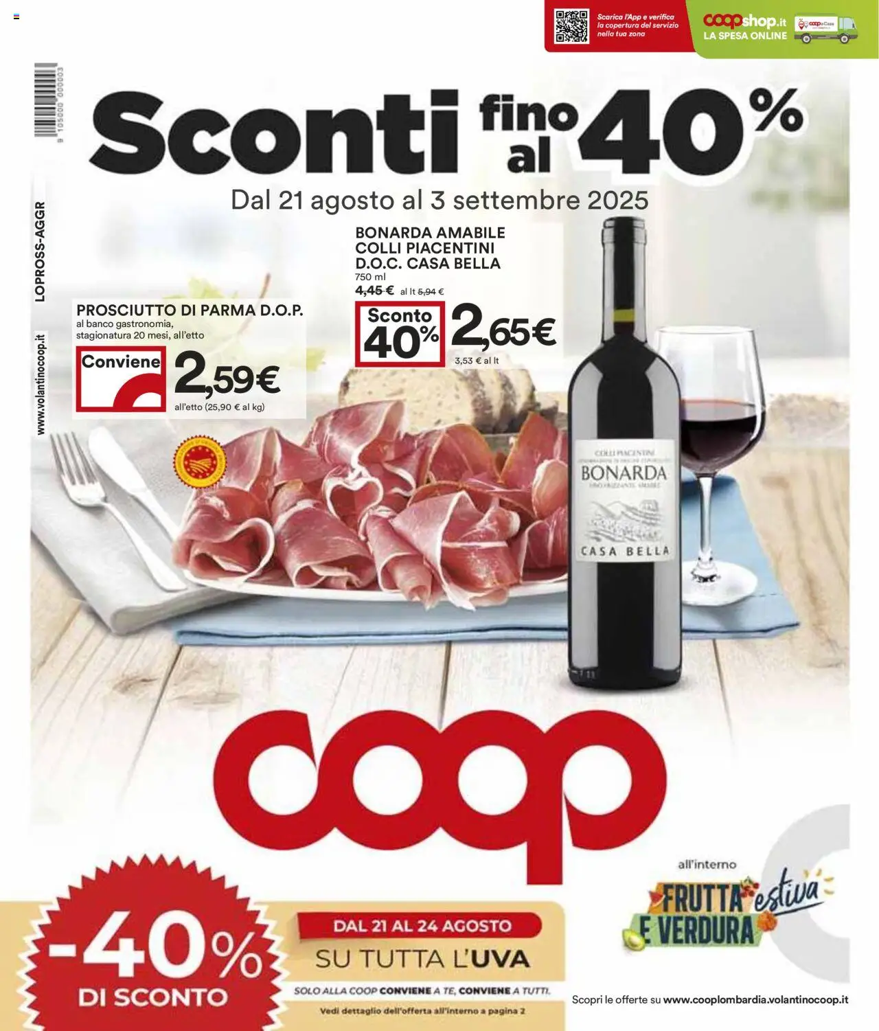 Volantino COOP valido da 21/08/2025 numero di pagina 1 - Frutta, Prosciutto, Prosciutto di Parma