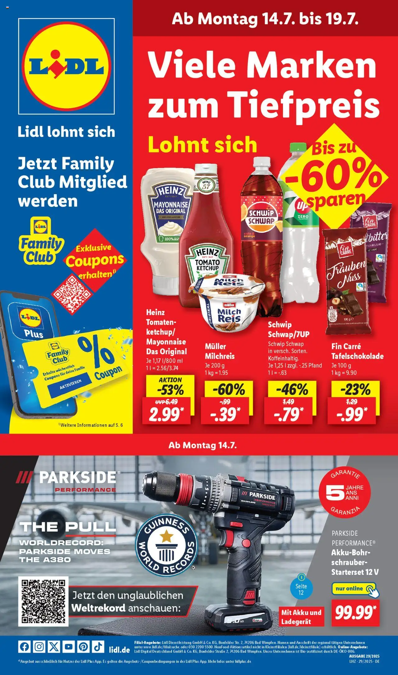 LIDL Prospekt ab Montag 14.07.2025 > Prospekt Solingen - Cola, Milch, Mayonnaise, Zucker, Tomaten, Ketchup, Ladegerät, Schwip schwap