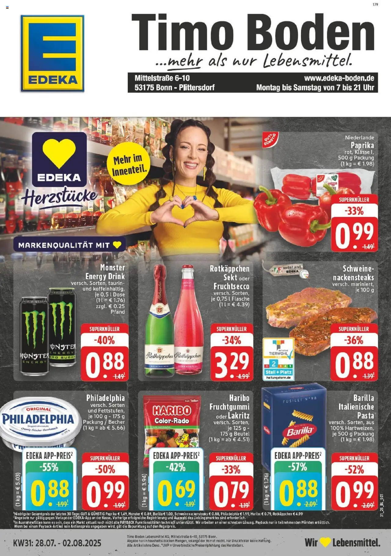 EDEKA Prospekt ab 27.07.2025 - Prospekt Bonn Online - Pasta, Haribo, Äpfel, Monster, Granatapfel, Paprika, Nackensteaks, Rotkappchen sekt