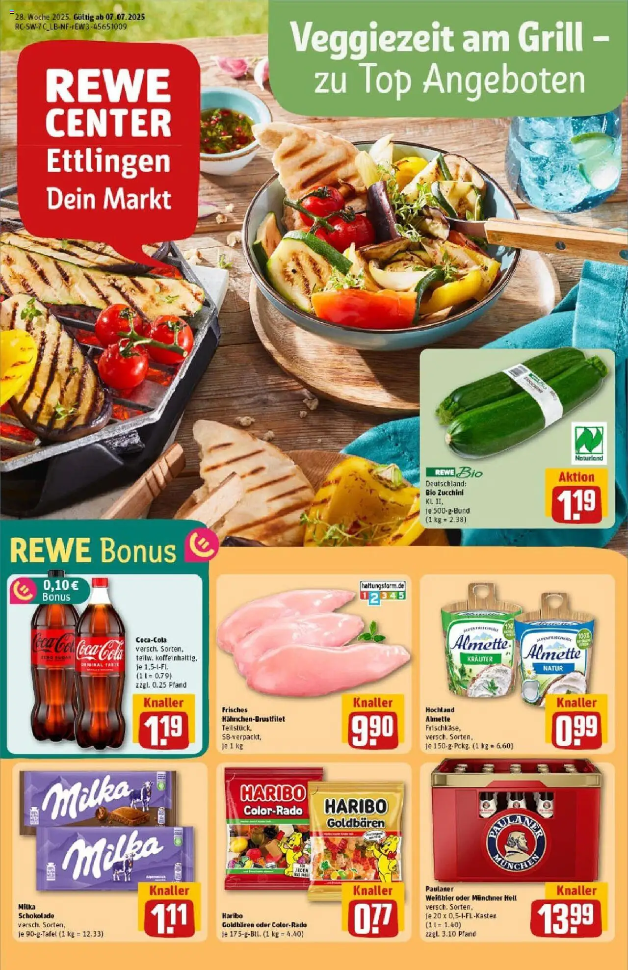 REWE Prospekt ab 06.07.2025 nächste Woche - Prospekt Ettlingen - Schokolade, Coca cola, Haribo, Zucchini, Grill, Cola, Top, Milka