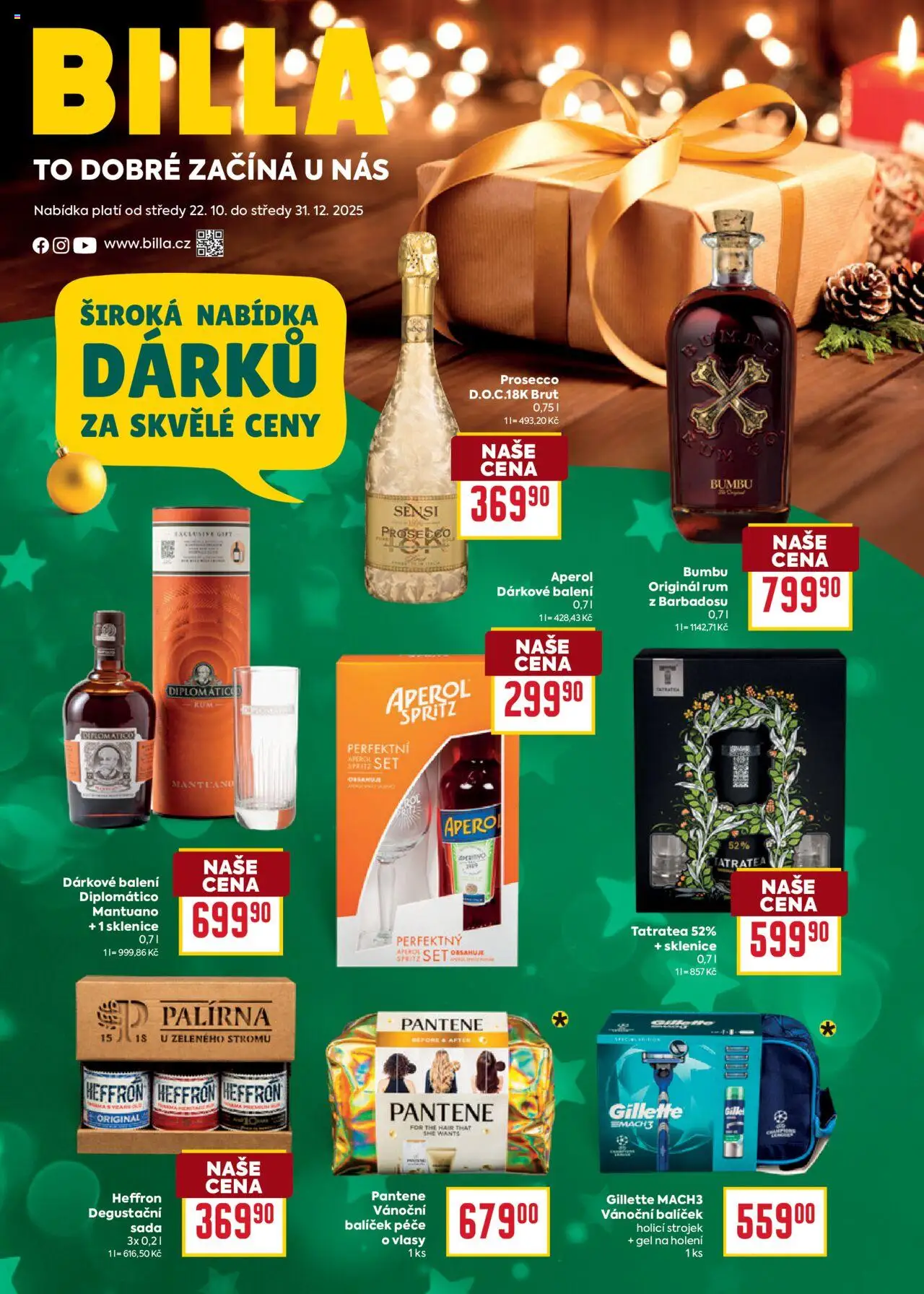  BILLA leták již od 22.10.2025 » Akční "Leták - Vánoce Dry" - Aperol Spritz, Aperol, Rum, Tatratea, Diplomatico, Sklenice, Gillette Mach3, Spritz
