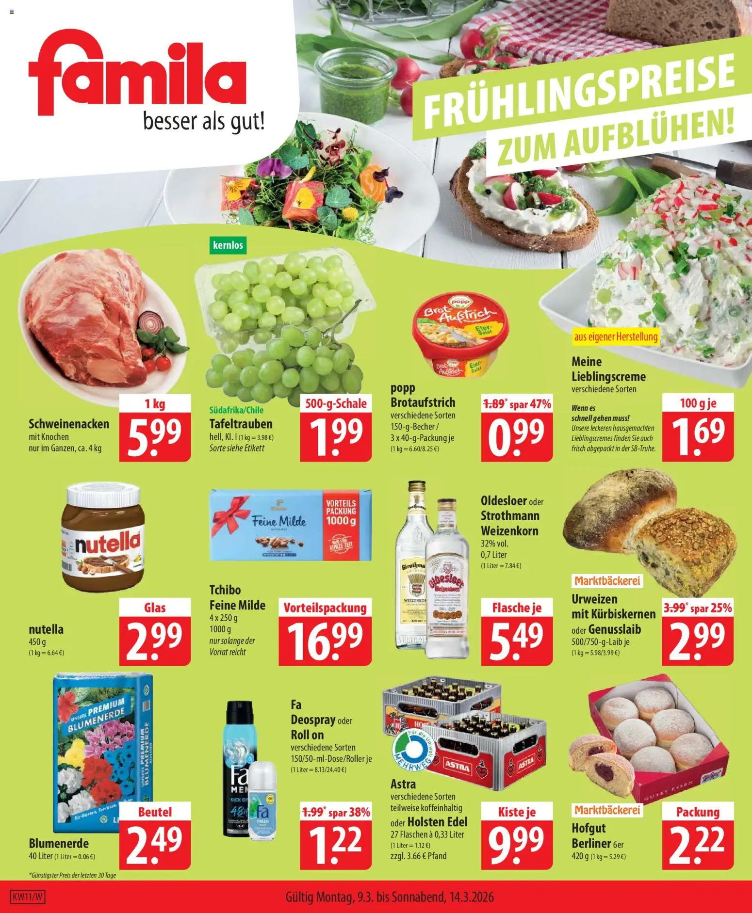 Vorschau von dem Prospekt des Geschäftes Famila, gültig ab dem 09.03.2026 - Nutella, Brot, Berliner, Astra, Schweinenacken, Holsten, Oldesloer, Holsten edel