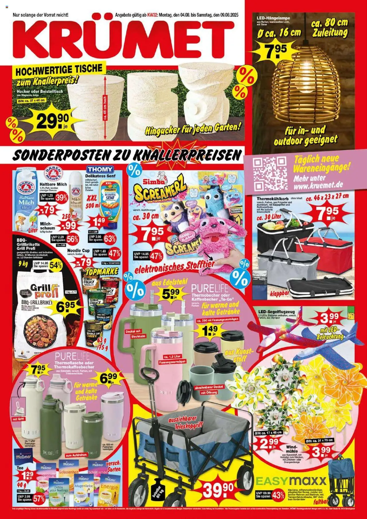 KRÜMET Prospekt (vom 04.08.2025 - 09.08.2025) - Grill, Beistelltisch, Milch, Hocker, Mühle, Messmer, Haltbare milch