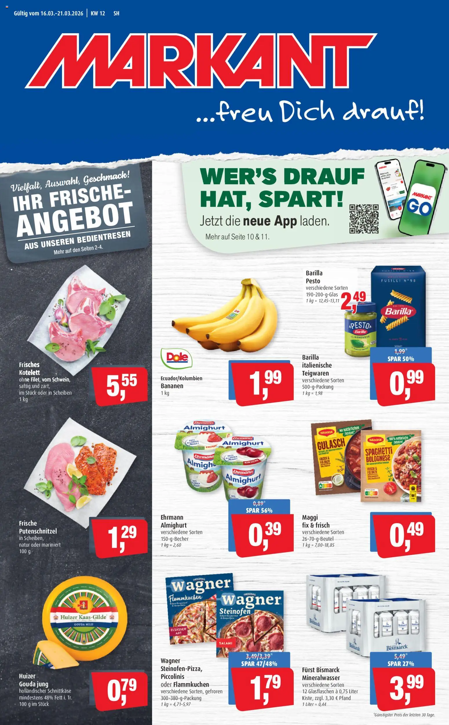 Vorschau von dem Prospekt des Geschäftes Markant, gültig ab dem 16.03.2026 - Gulasch, Maggi, Mineralwasser, Piccolinis, Salami, Barilla, Barilla pesto, Ehrmann almighurt