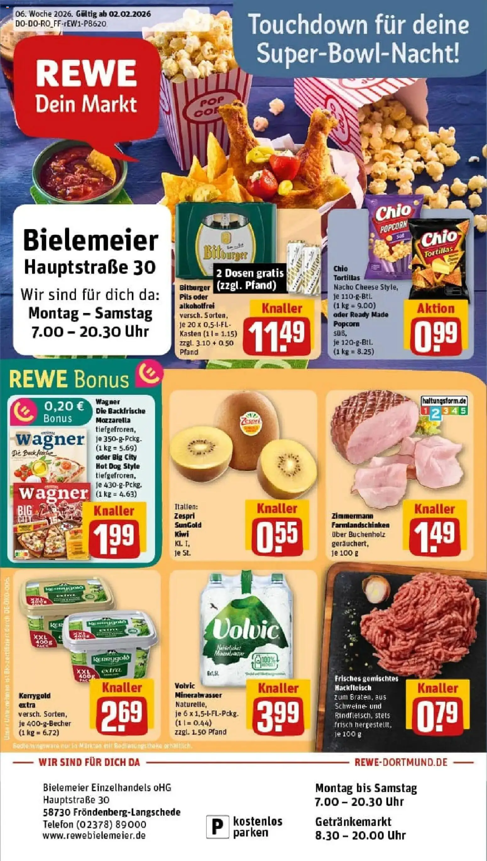 Vorschau von dem Prospekt des Geschäftes Rewe, gültig ab dem 02.02.2026 - Chips, Butter, Mozzarella, Mineralwasser, Popcorn, Volvic, Pils, Chio tortillas