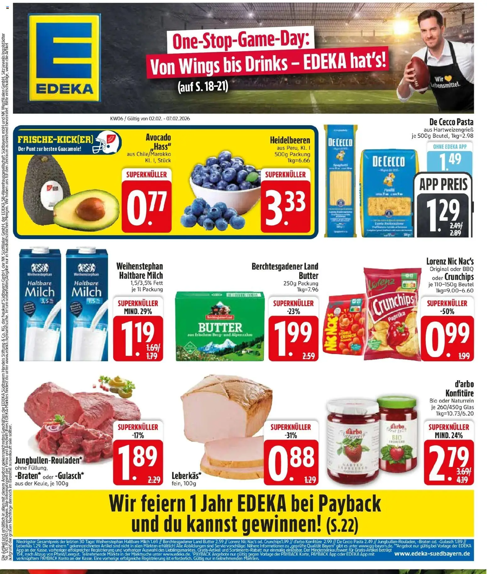 Vorschau von dem Prospekt des Geschäftes Edeka, gültig ab dem 02.02.2026 - Butter, Pasta, Avocado, Gulasch, Milch, Heidelbeeren, Paprika, Haltbare milch