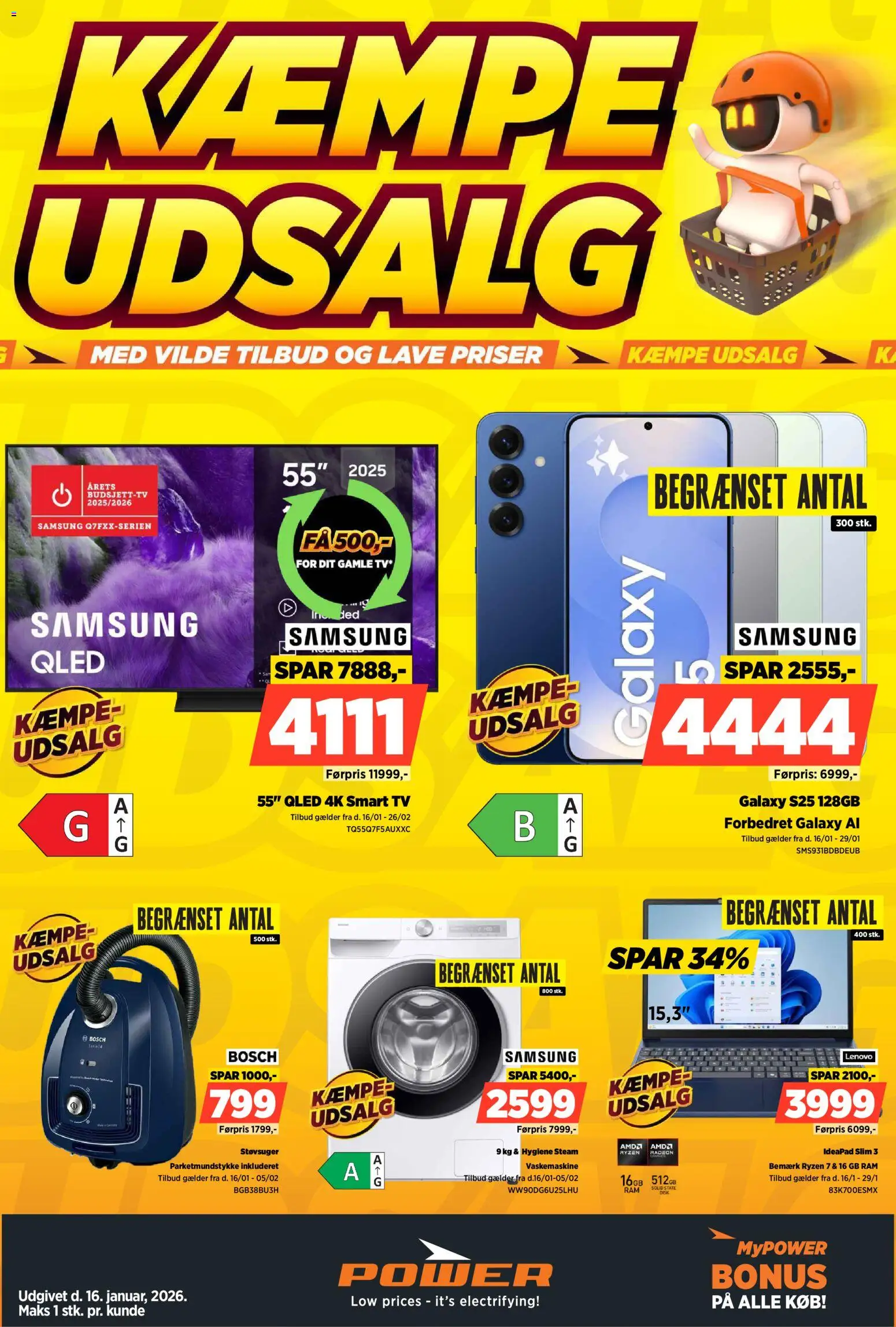 Eksempel på tilbudsavis Tilbudsavis fra butik Power gyldig fra 16/01/2026 - TV, Vaskemaskine, Støvsuger, Smart TV, RAM
