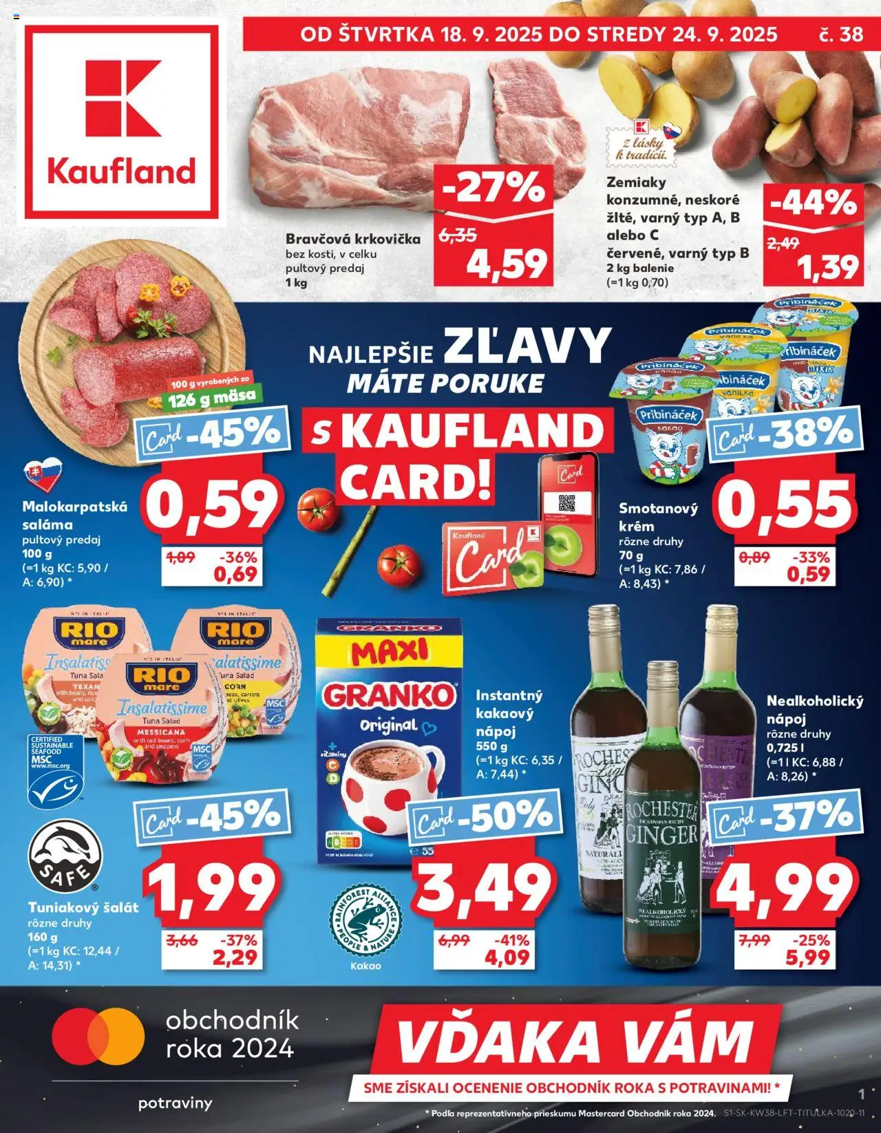 Náhľad Kaufland letáku platného od 18.09.2025 - Šalát, Krkovička, Zemiaky, Kakao, Vanilka, Rio Mare, Saláma, Krém