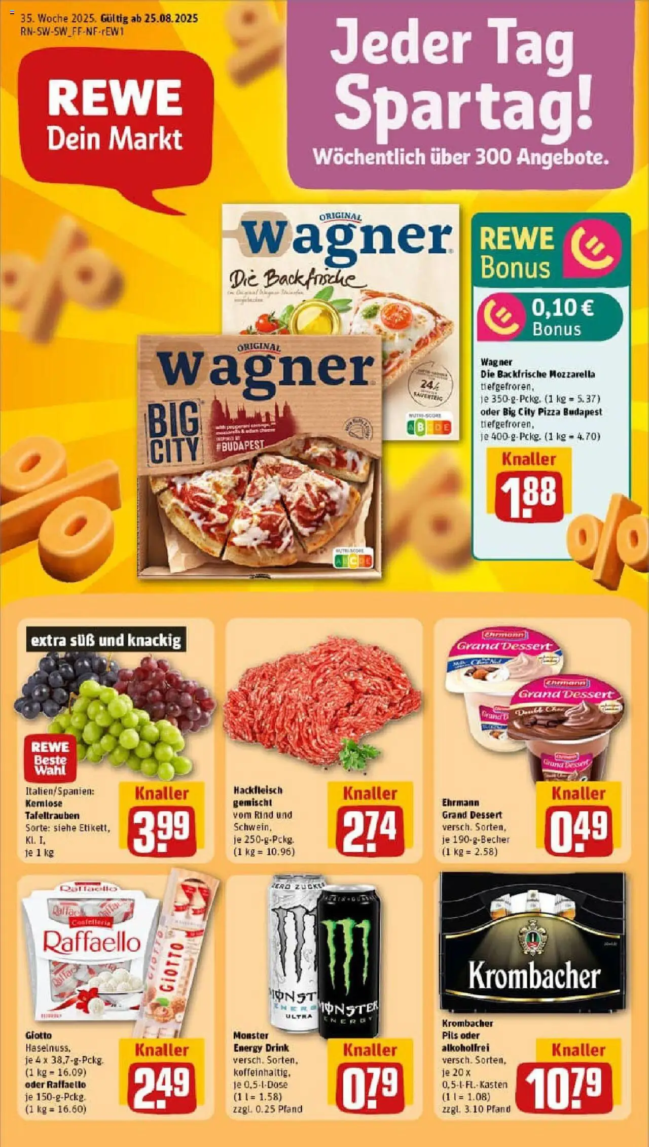 REWE Prospekt ab 24.08.2025 nächste Woche - Prospekt Winnenden - Pizza, Monster, Mozzarella, Krombacher, Hackfleisch, Raffaello, Pils, Ehrmann grand dessert