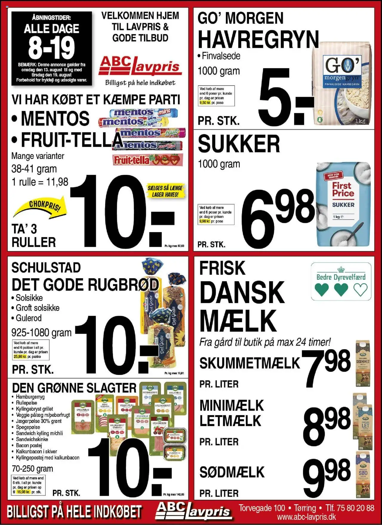 Abc Lavpris tilbudsavis gyldig fra 13/08/2025 - side 1 - Hamburgerryg, Rugbrød, Pålæg, Mælk, Rullepølse, Sukker, Spegepølse, Letmælk