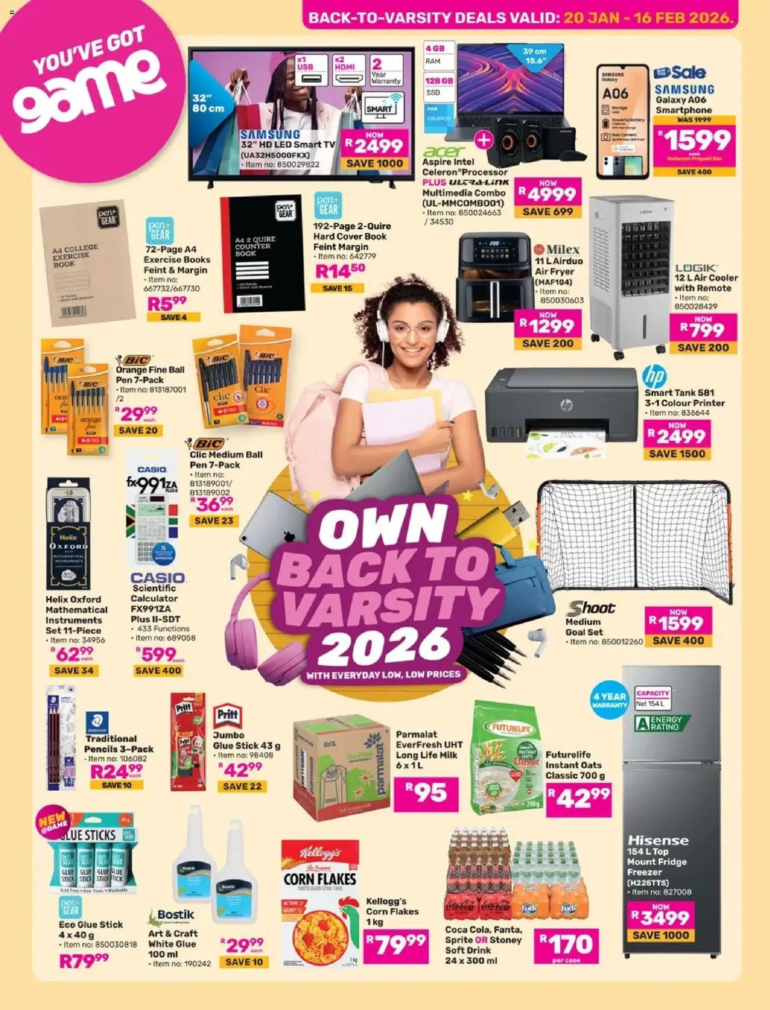 Preview of Game Catalogue Back To Varsity valid 20/01/2026 - Calculator, Game, Books, Fridge, Smartphone, Milk, Sprite, Flakes