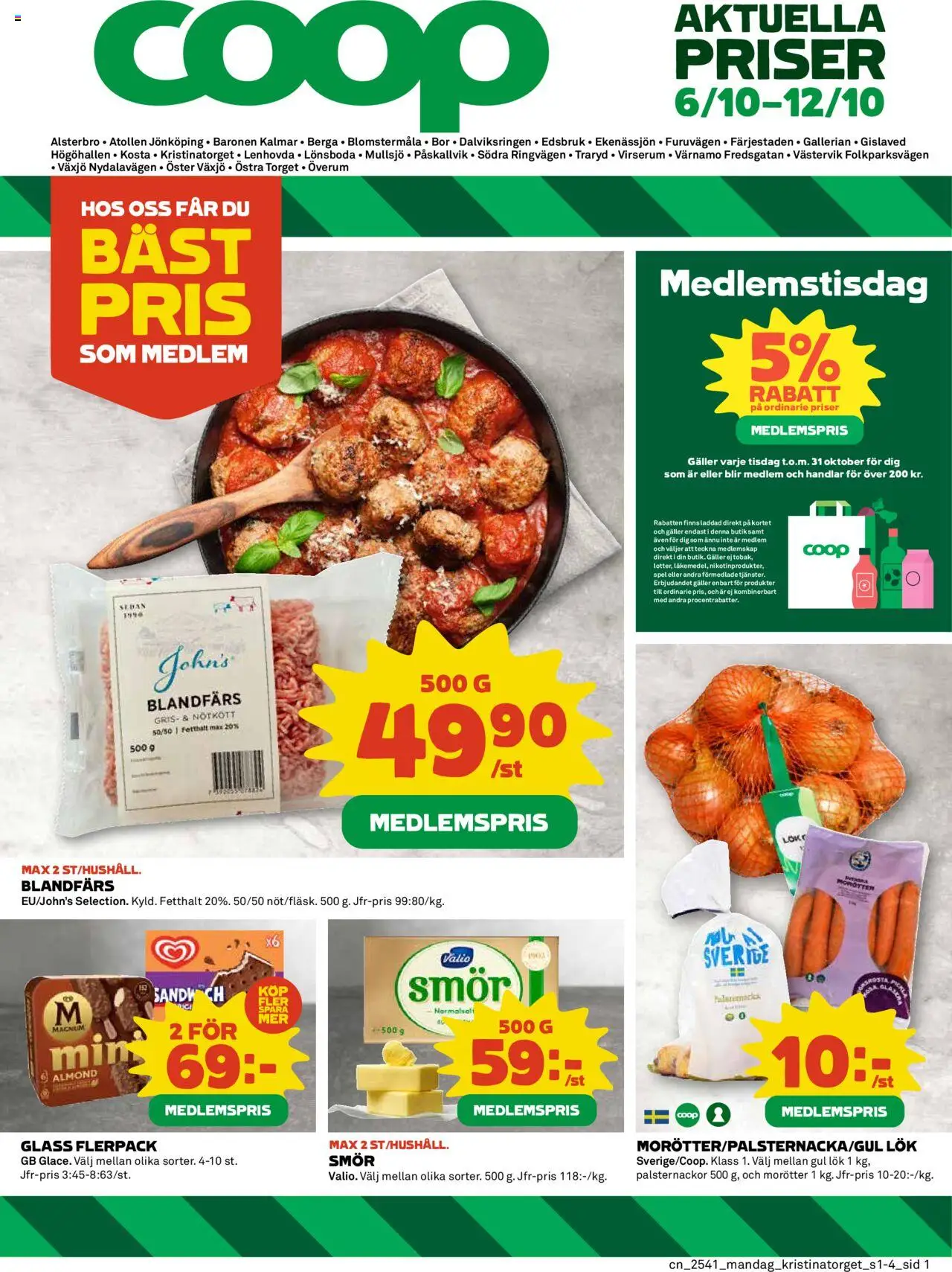 Alsterbro är giltig 06/10 2025 > Veckans Erbjudanden gäller från 06/10/2025 till 12/10/2025 sidnummer 1 - Glass, Spel, Smör, Galler, Nötkött, Morötter, Blandfärs, Gul lök