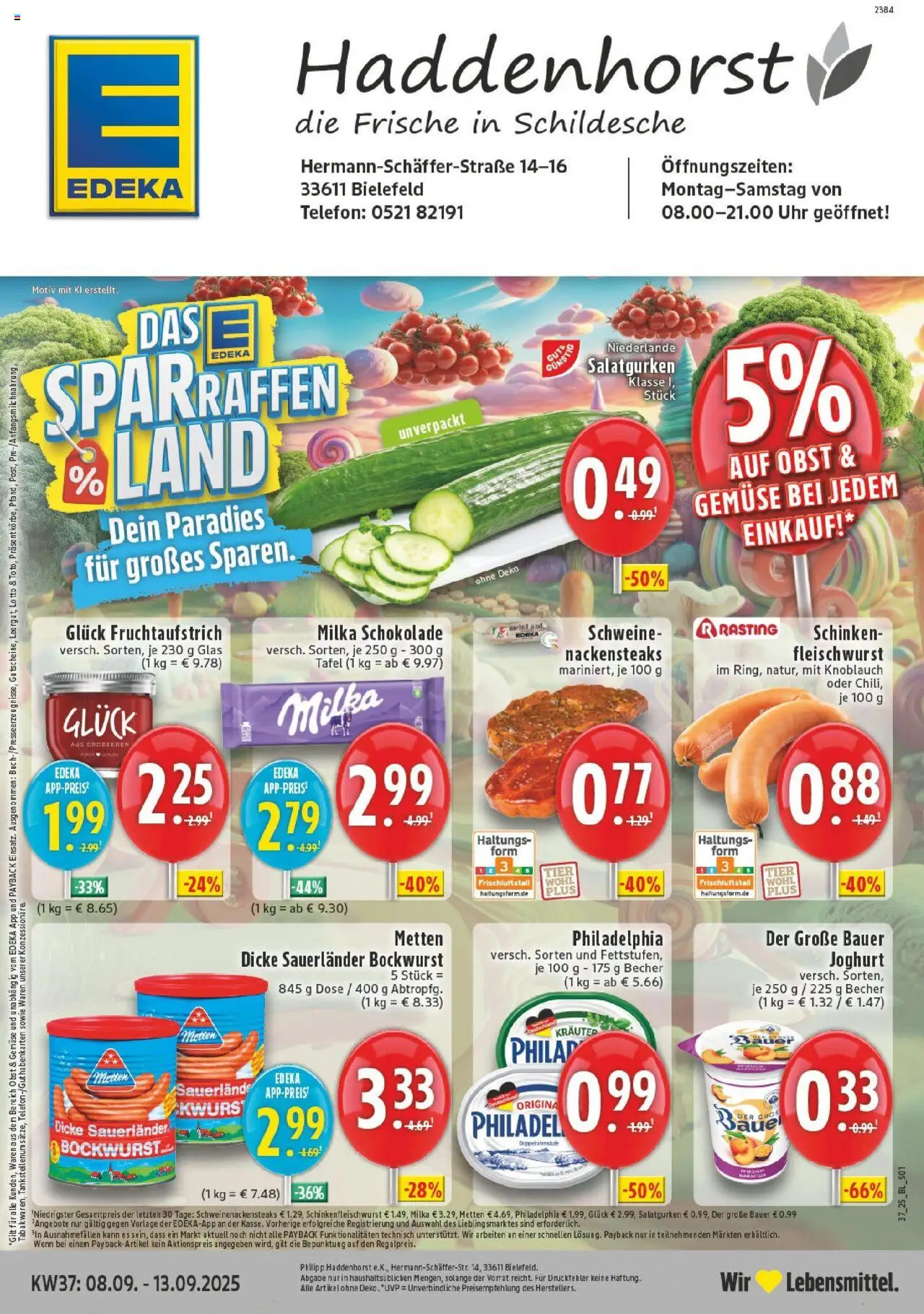 EDEKA Prospekt ab 07.09.2025 - Prospekt Bielefeld Online - Steak, Joghurt, Milka schokolade, Obst, Milka, Knoblauch, Schinken, Dicke sauerlander bockwurst
