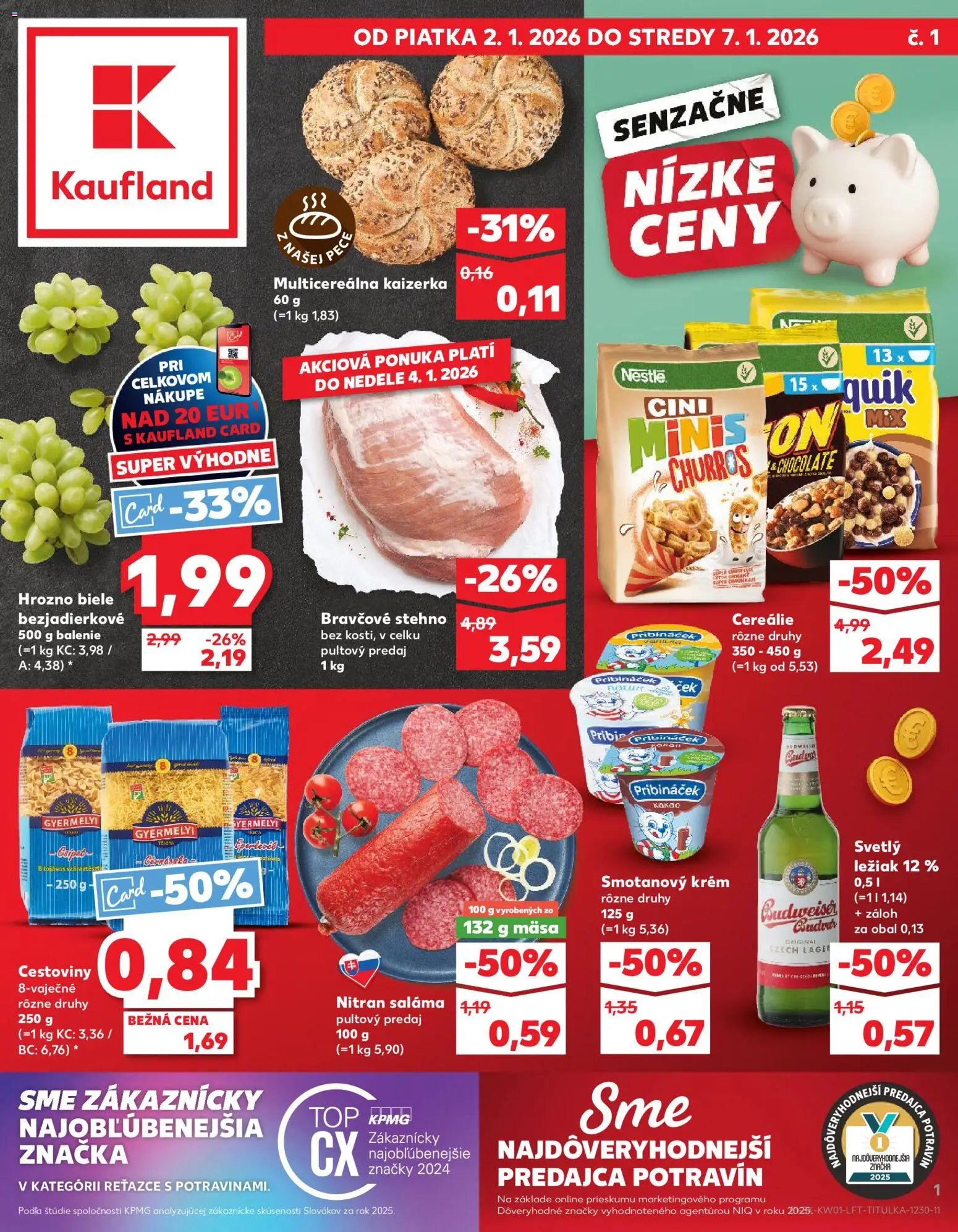 Náhľad Kaufland letáku platného od 02.01.2026 - Cestoviny, Hrozno, Kakao, Budvar, Cini Minis, Saláma, Krém, Cereálie