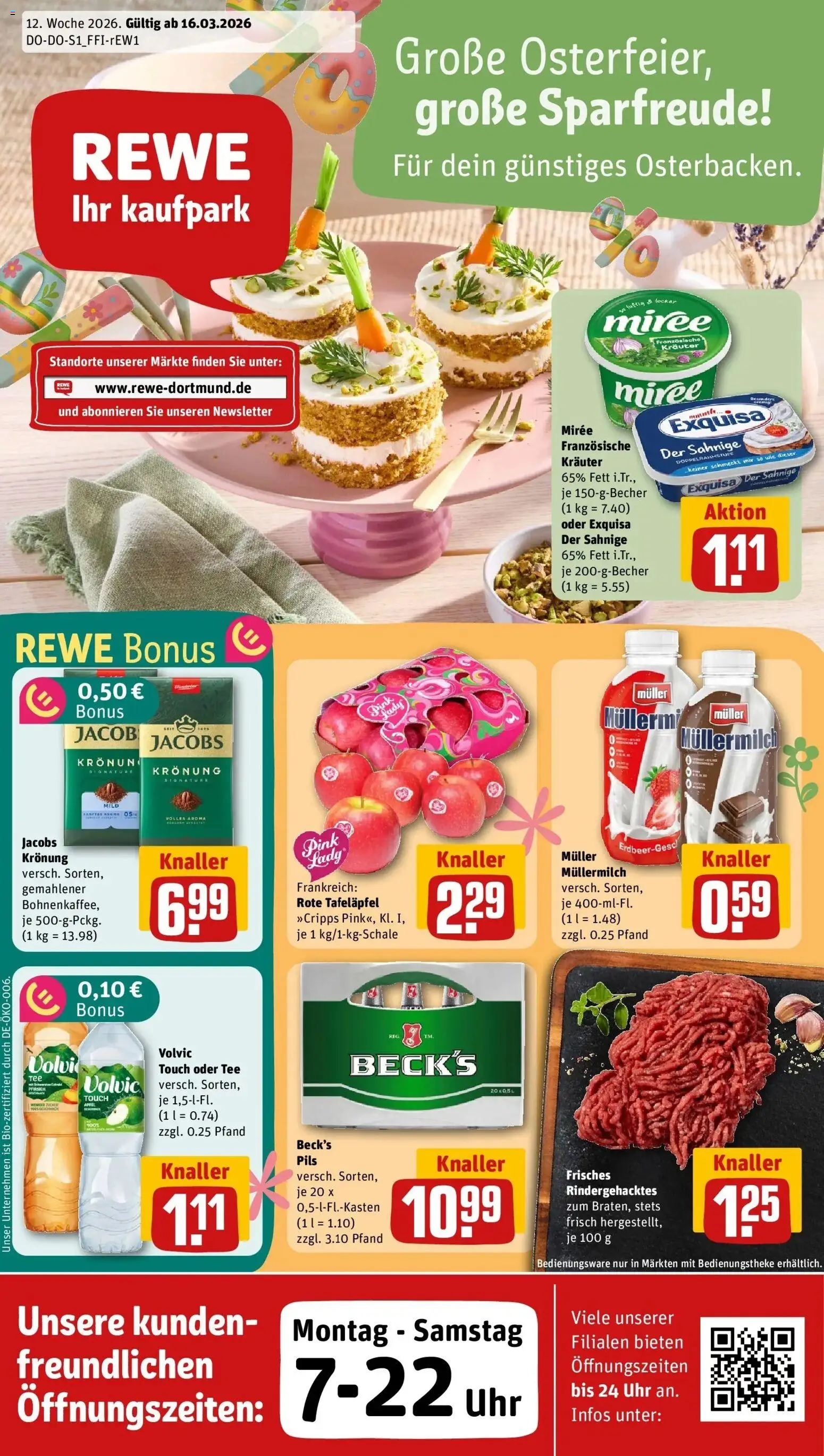 Vorschau von dem Prospekt des Geschäftes Rewe, gültig ab dem 15.03.2026 - Uhr, Äpfel, Tee, Volvic, Pils, Exquisa, Volvic touch, Muller mullermilch