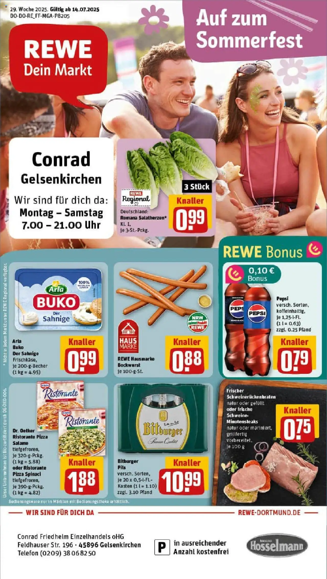REWE Prospekt ab 13.07.2025 nächste Woche - Prospekt Gelsenkirchen / Scholven - Pizza, Uhr, Telefon, Bockwurst, Bitburger, Pepsi, Theke, Pils