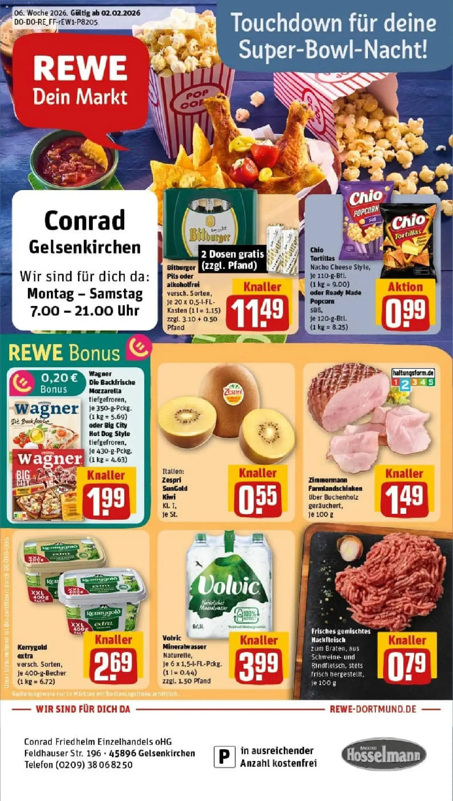 Vorschau von dem Prospekt des Geschäftes Rewe, gültig ab dem 02.02.2026 - Uhr, Telefon, Butter, Kiwi, Tortillas, Popcorn, Bitburger, Volvic
