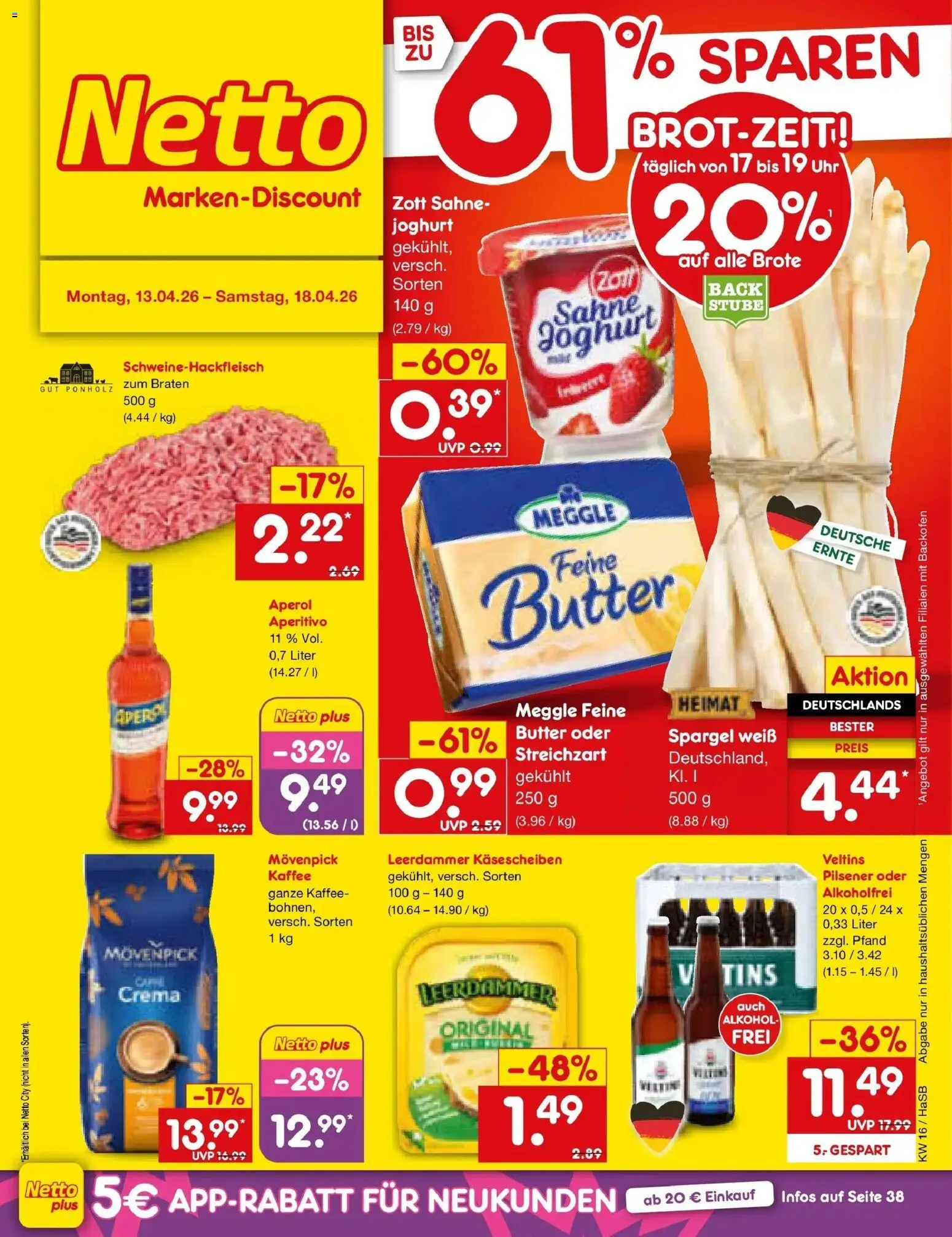 Vorschau von dem Prospekt des Geschäftes Netto Marken-Discount, gültig ab dem 13.04.2026 - Uhr, Butter, Aperol, Joghurt, Spargel, Alkohol, Backofen, Sahne