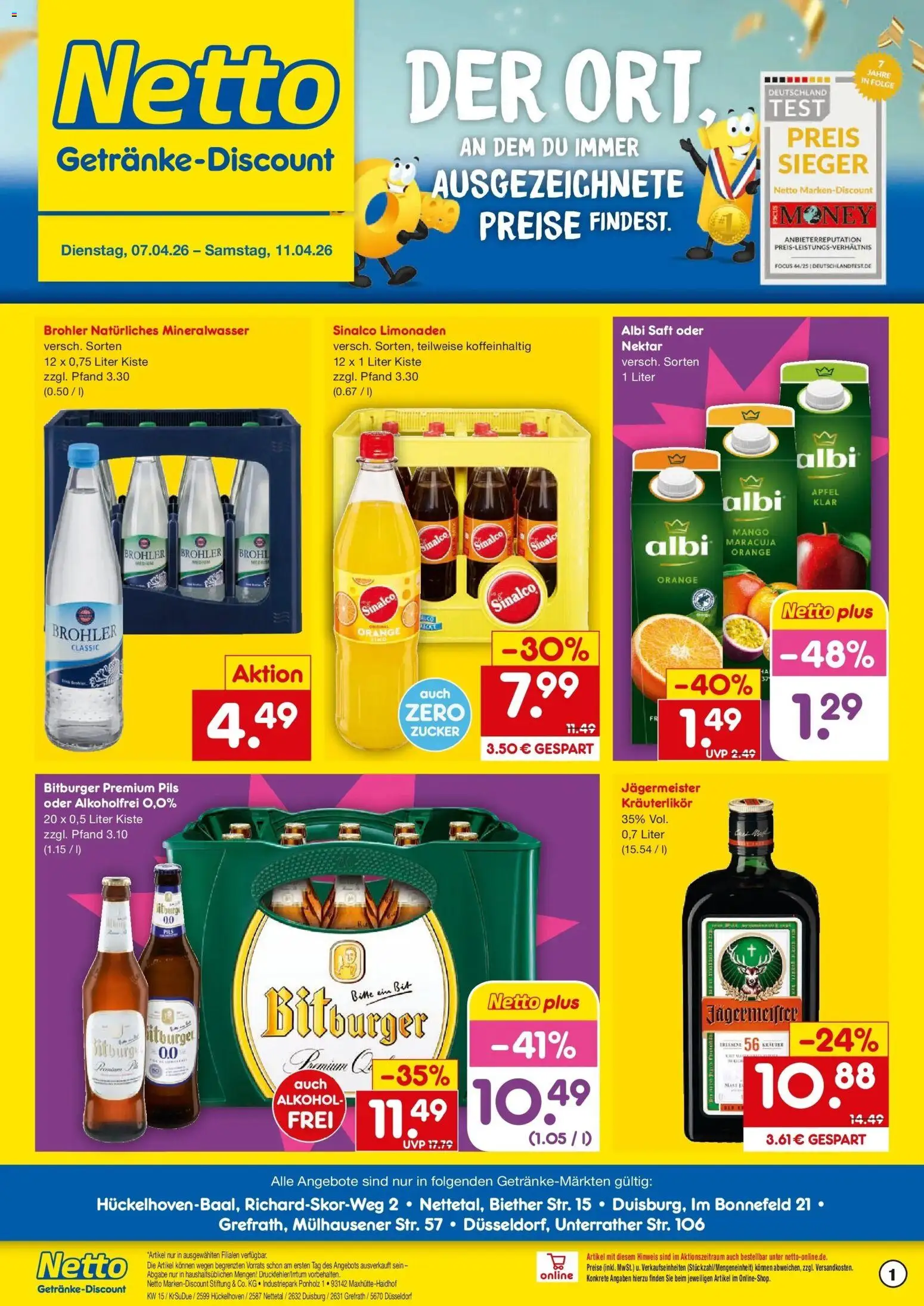 Vorschau von dem Prospekt des Geschäftes Netto Marken-Discount, gültig ab dem 07.04.2026 - Mango, Äpfel, Jägermeister, Mineralwasser, Zucker, Bitburger, Sinalco, Pils