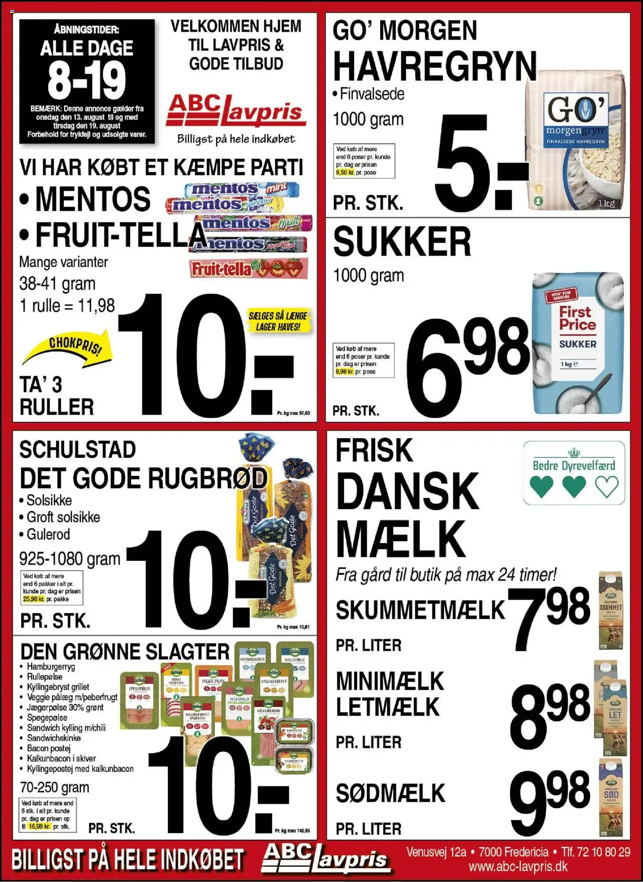 Abc Lavpris tilbudsavis gyldig fra 13/08/2025 - side 1 - Hamburgerryg, Rugbrød, Gulerod, Havregryn, Skinke, Rullepølse, Sukker, Letmælk
