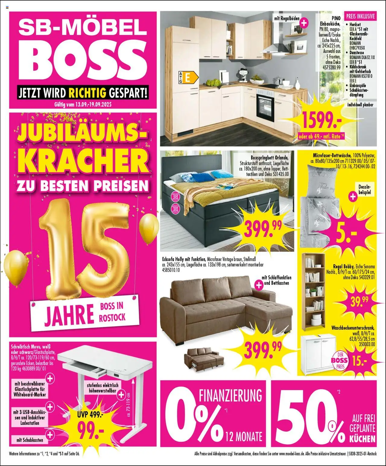 SB Möbel Boss Prospekt Rostock (vom 13.09.2025 - 19.09.2025) - Kühlschrank, Kuchen, Boxspringbett, Bett, Ecksofa, Regal, Kochfeld