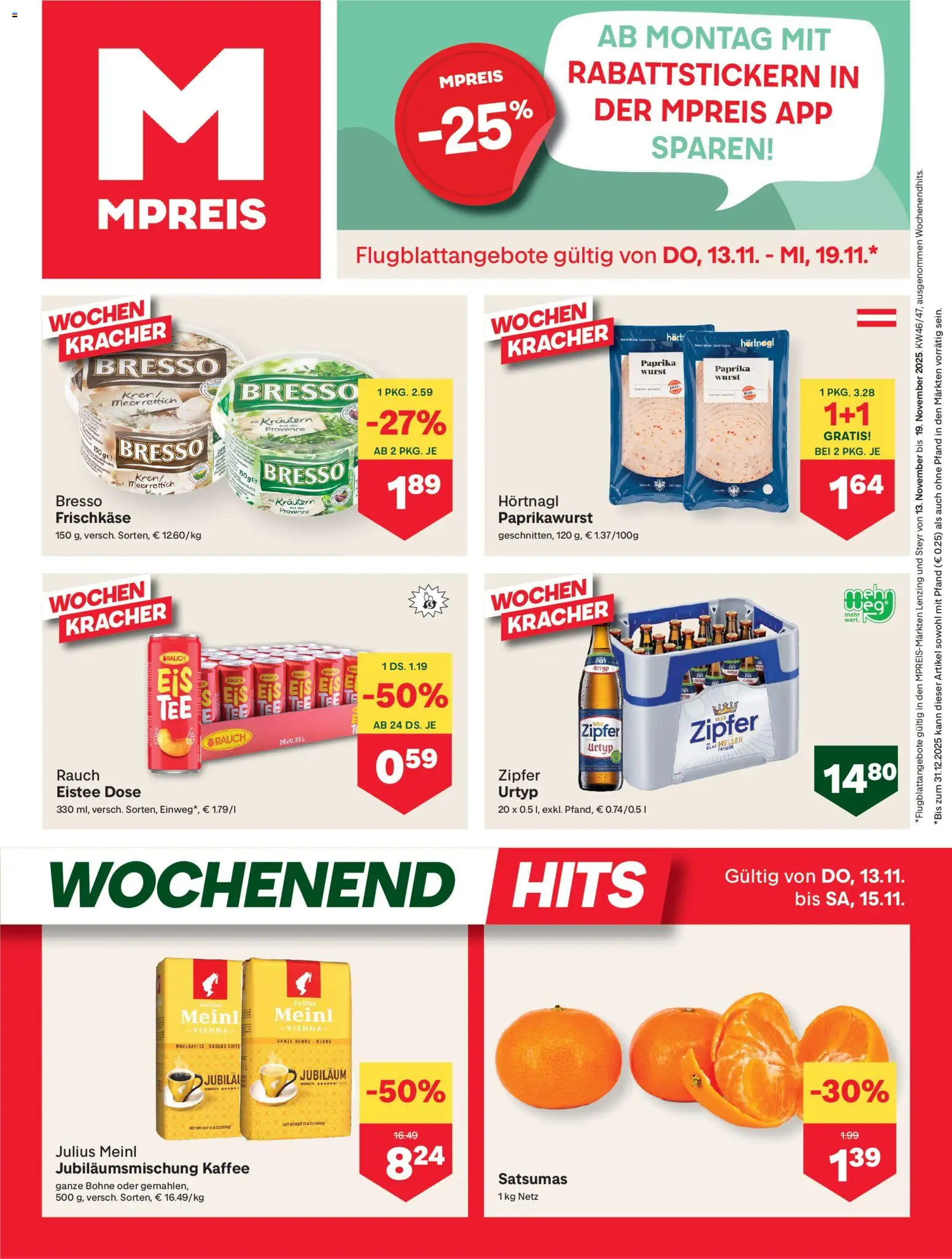 Vorschau der Angebote: MPREIS Lenzing gültig ab 13.11.2025 - Kaffee, Wurst, Meerrettich, Bohne