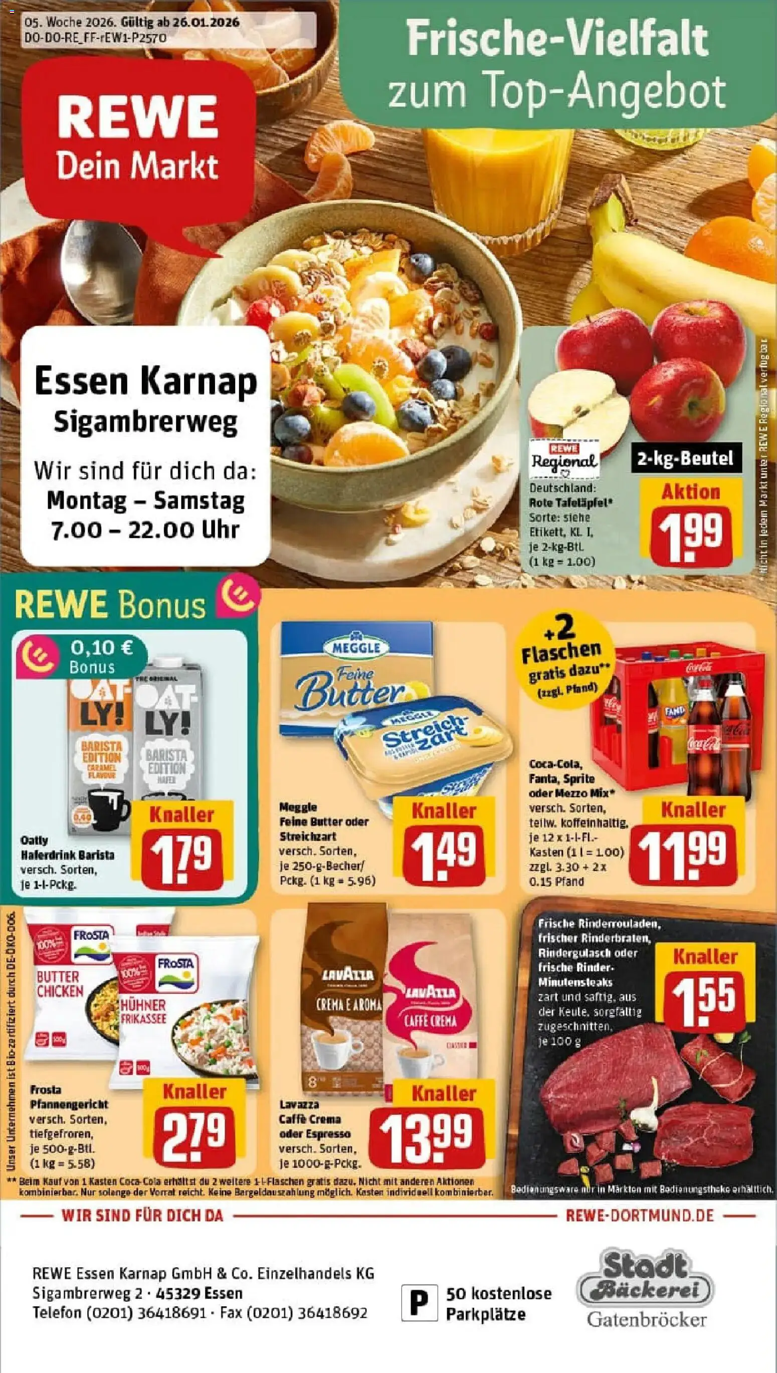 Vorschau von dem Prospekt des Geschäftes Rewe, gültig ab dem 26.01.2026 - Bäckerei, Uhr, Telefon, Rindergulasch, Lavazza, Frosta, Oatly, Haferdrink