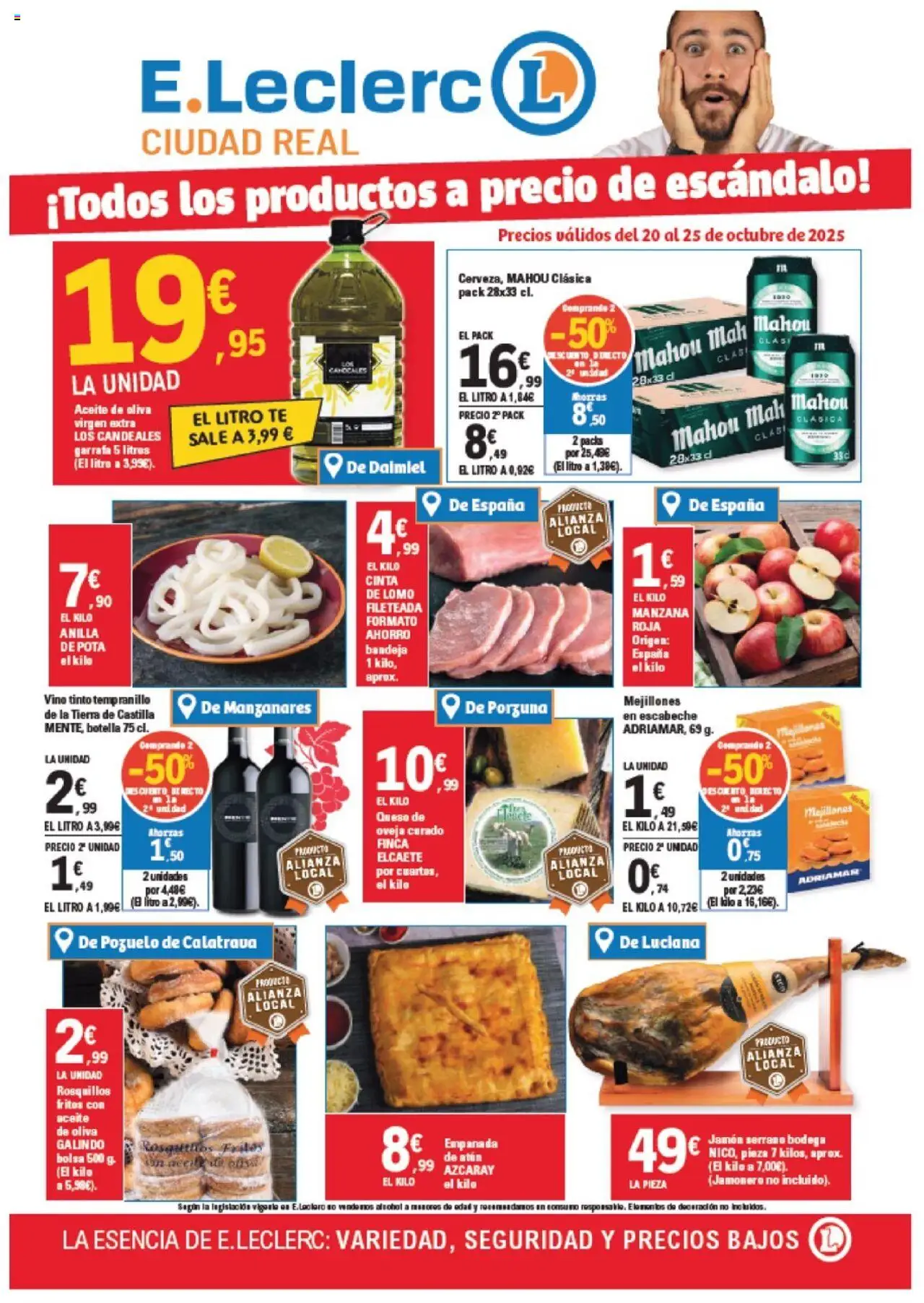 E.Leclerc Folleto > 20/10 - 25/10/2025 > Ofertas - Bolsa, Queso, Vino, Aceite, Manzana, Aceite de oliva virgen extra, Atún, Bandeja