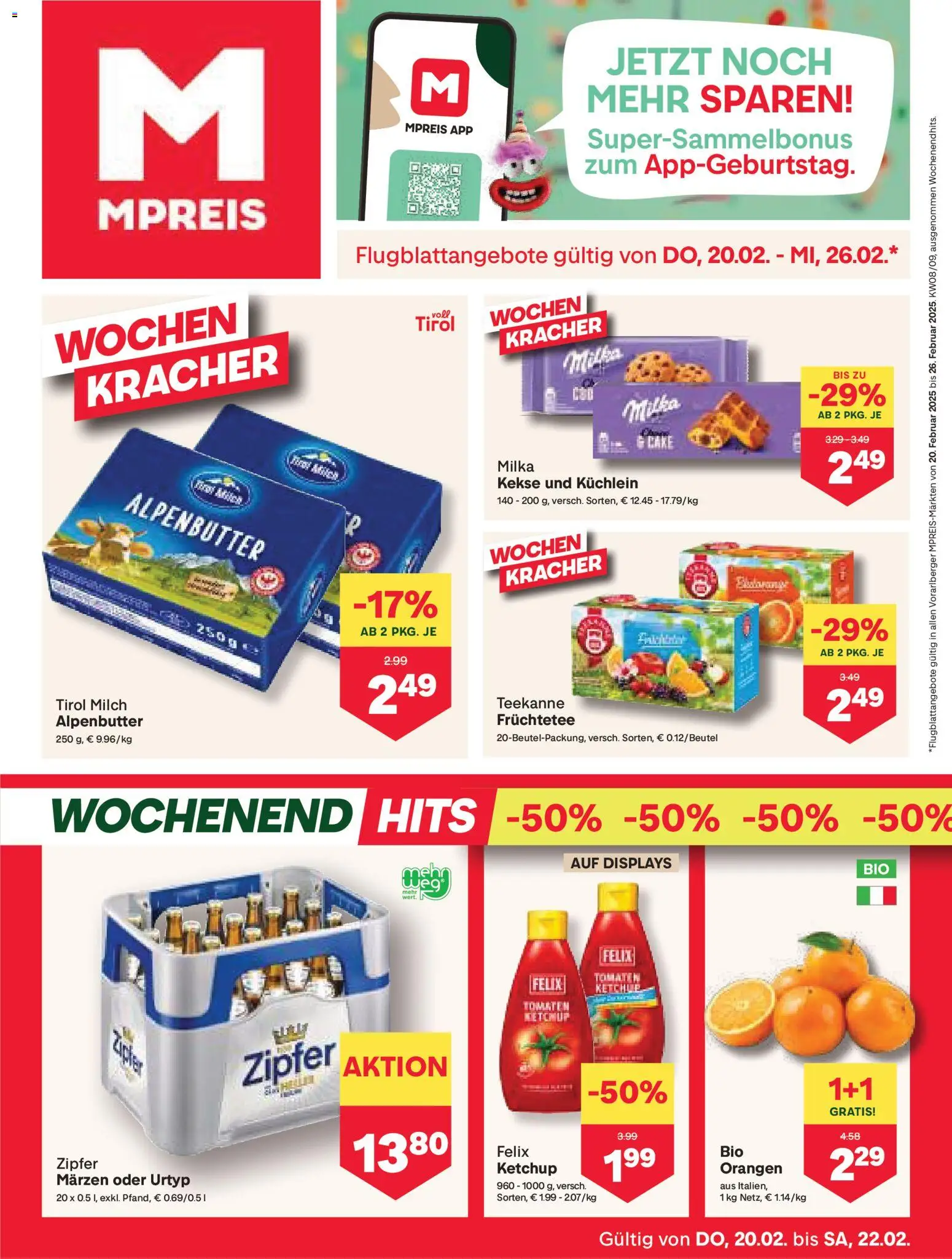 Vorschau der Angebote: MPREIS Hohenems gültig ab 20.02.2026 - Milch, Kekse, Ketchup, Tomaten, Orangen, Früchtetee