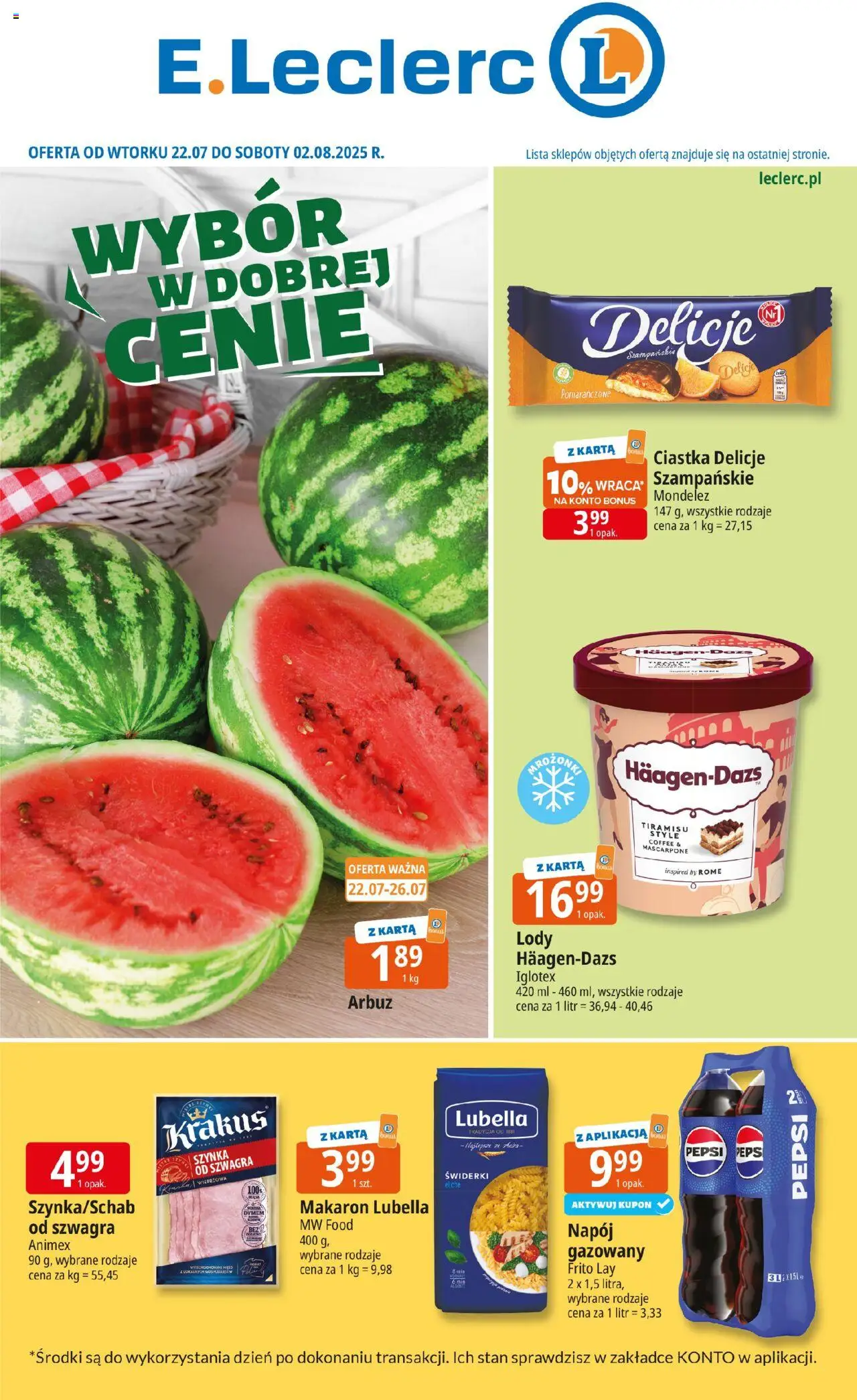 E.Leclerc Radom od 22.07.2025 - Nowa Gazetka - Numer strony 1 - Karta, Mrożonki, Pepsi, Tiramisu, Szynka, Mascarpone, Ciastka, Makaron