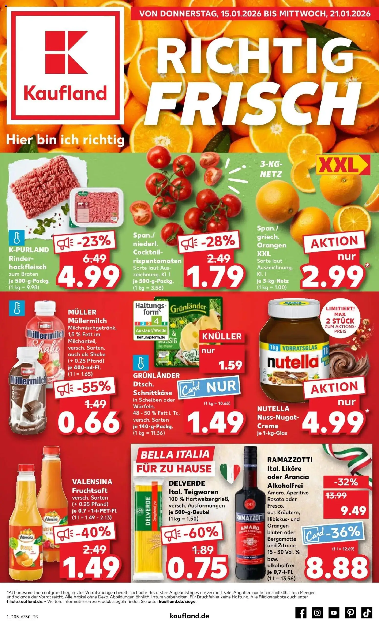 Vorschau von dem Prospekt des Geschäftes Kaufland, gültig ab dem 15.01.2026 - Pasta, Ramazzotti, Müllermilch, Creme, Valensina, Fruchtsaft, Grunlander, Muller mullermilch