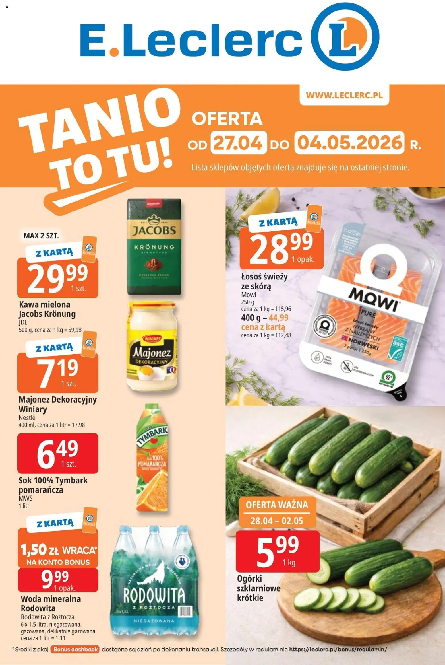 Pogląd gazetki "E.Leclerc gazetka - Elbląg" ze sklepu E.Leclerc ważnej od 27.04.2026 - Kawa, Jacobs, Tymbark, Ogórki, Karta, Sok, Woda mineralna, Kawa mielona