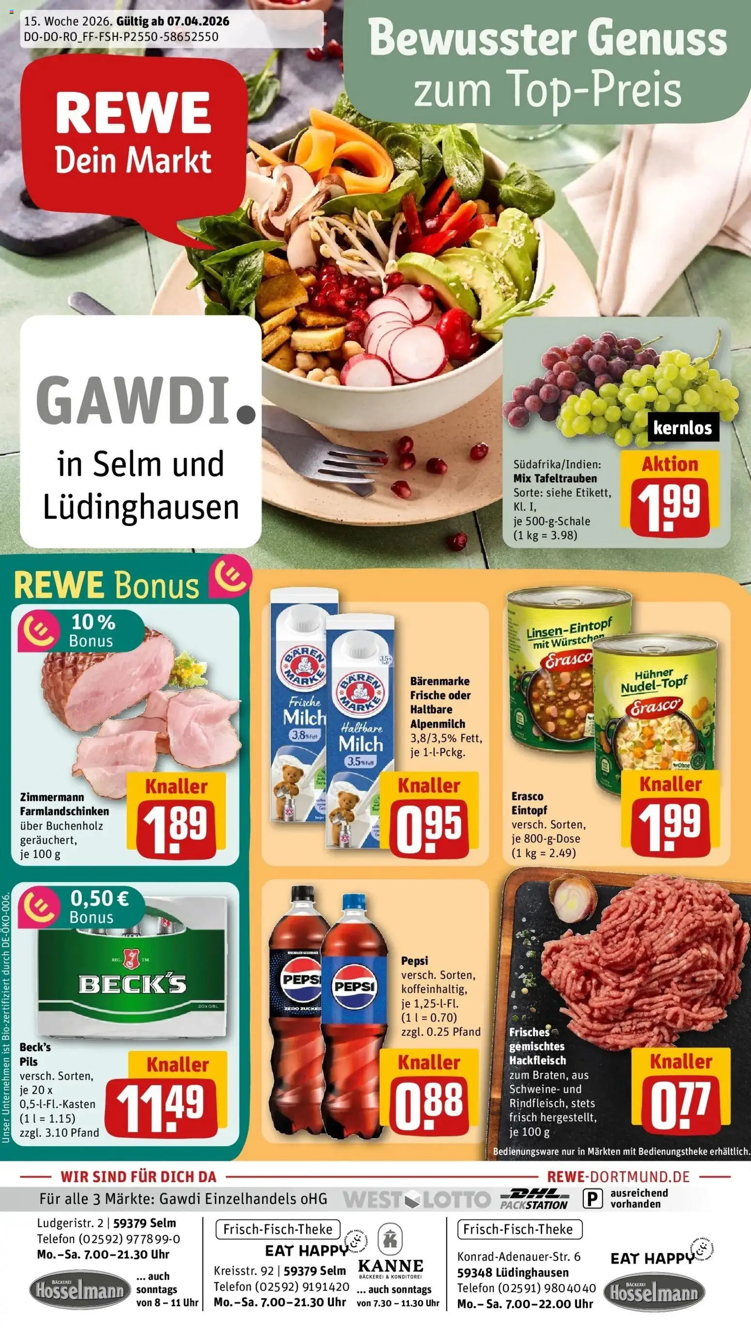 Vorschau von dem Prospekt des Geschäftes Rewe, gültig ab dem 05.04.2026 - Bäckerei, Uhr, Telefon, Cola, Hackfleisch, Pepsi, Pils, Erasco