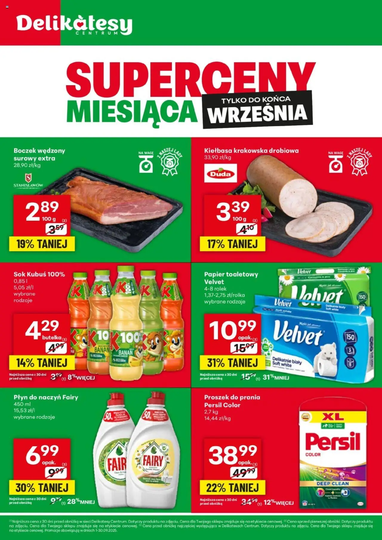 Delikatesy Centrum gazetka 01.09.2025 - Nowa gazetka promocyjna - Numer strony 1 - Banan, Kiełbasa, Boczek, Fairy, Persil, Boczek wędzony, Proszek, Płyn do naczyń fairy