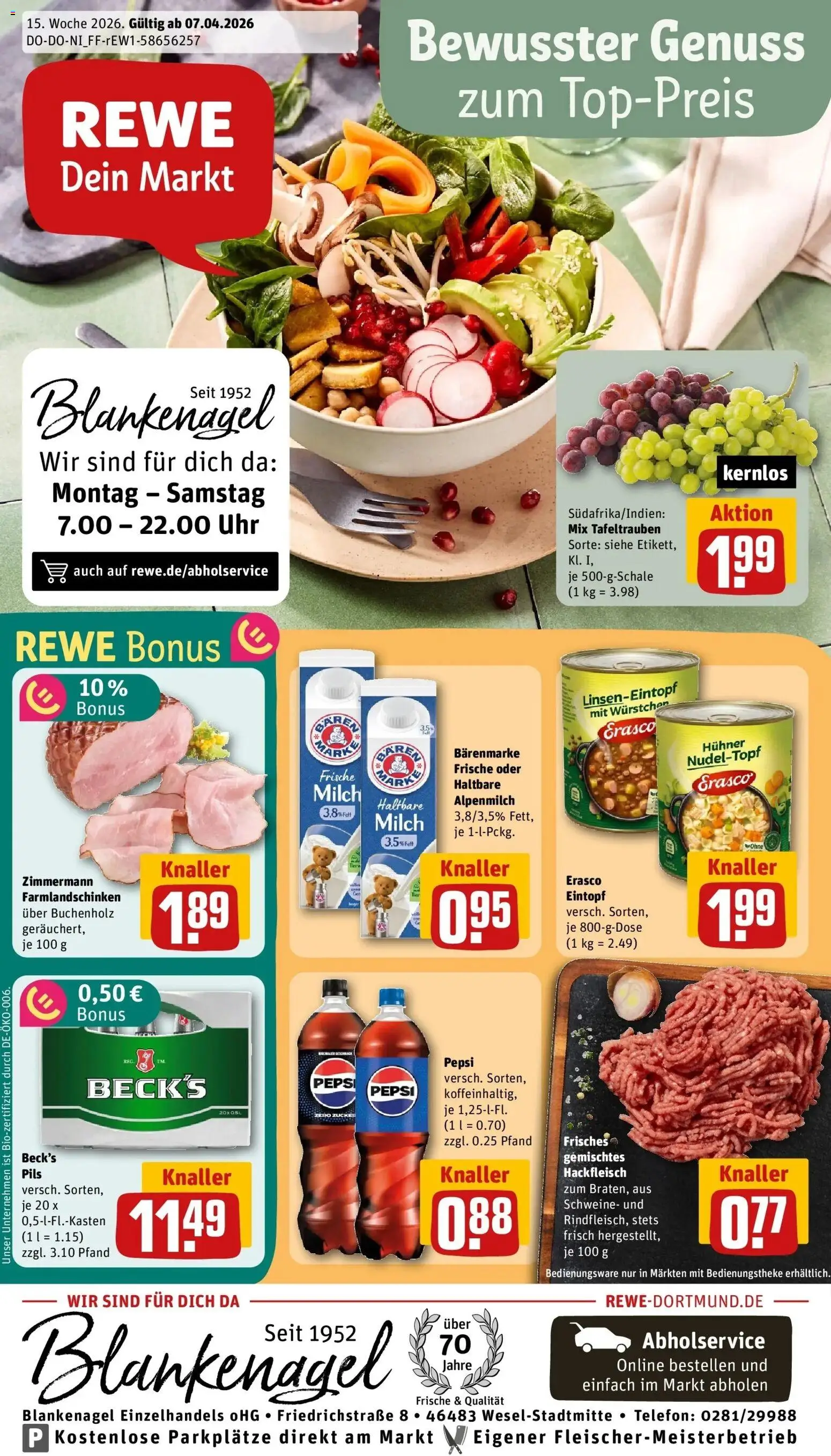 Vorschau von dem Prospekt des Geschäftes Rewe, gültig ab dem 05.04.2026 - Uhr, Telefon, Milch, Hackfleisch, Pepsi, Pils, Erasco