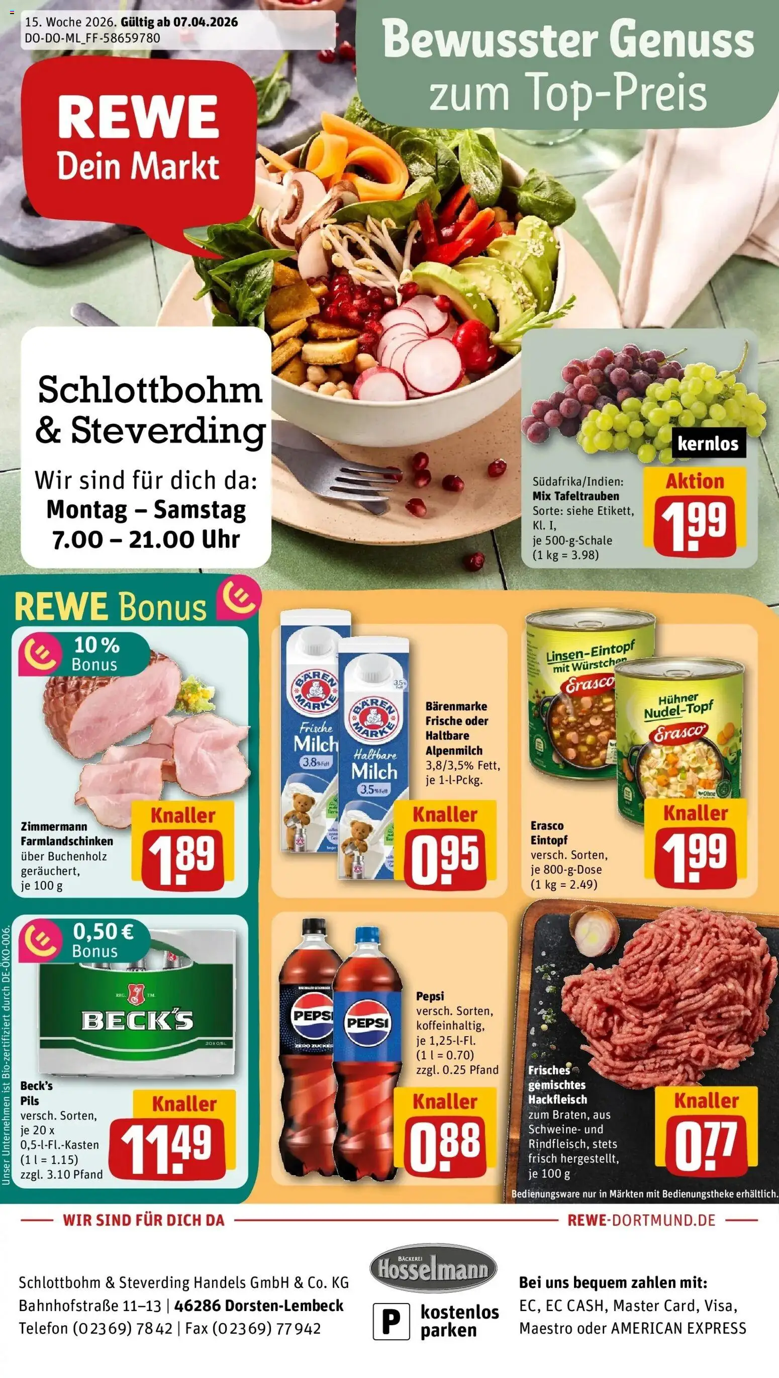 Vorschau von dem Prospekt des Geschäftes Rewe, gültig ab dem 05.04.2026 - Bäckerei, Telefon, Milch, Hackfleisch, Zucker, Pepsi, Pils, Erasco