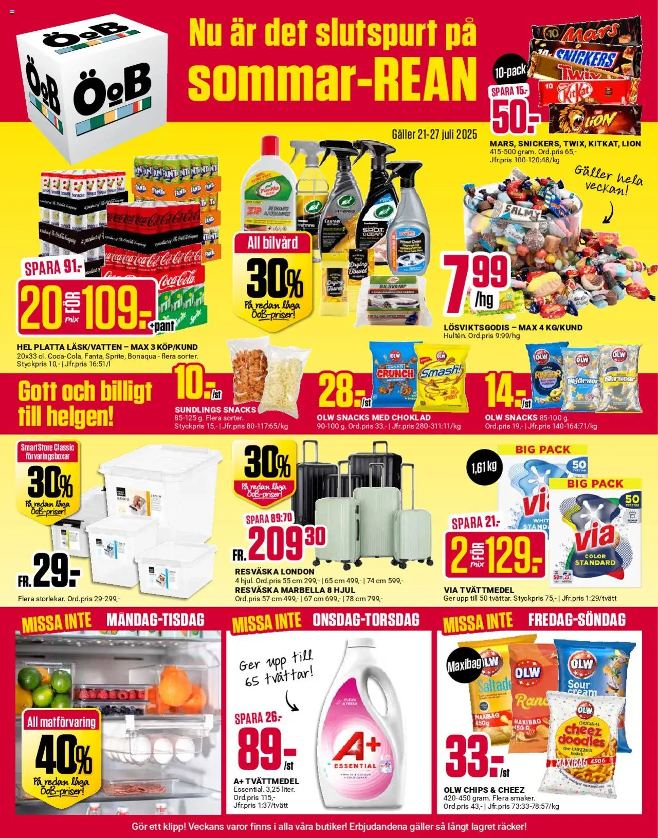 Aktuella reklamblad ÖoB är giltig 21/07 2025 > Veckans Erbjudanden gäller från 21/07/2025 till 27/07/2025 sidnummer 1 - Resväska, Chips, Choklad, Snacks, Tvättmedel, Snickers, Galler, Fanta