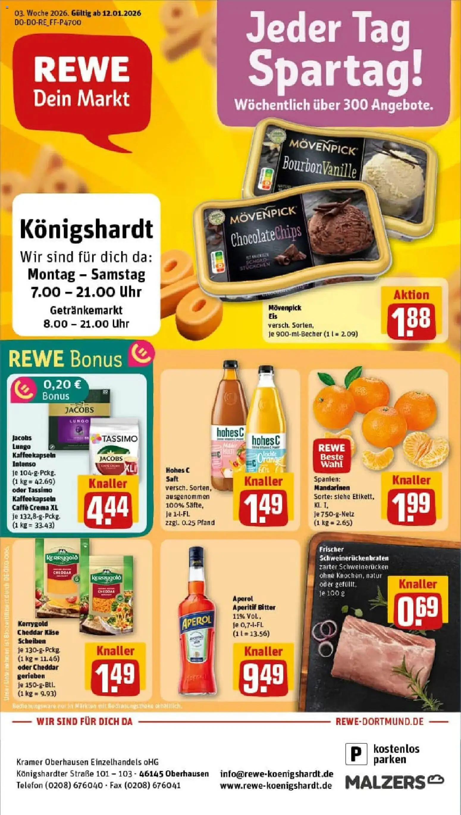 Vorschau von dem Prospekt des Geschäftes Rewe, gültig ab dem 11.01.2026 - Eis, Kaffee, Uhr, Telefon, Käse, Movenpick eis, Saft, Schweinerucken