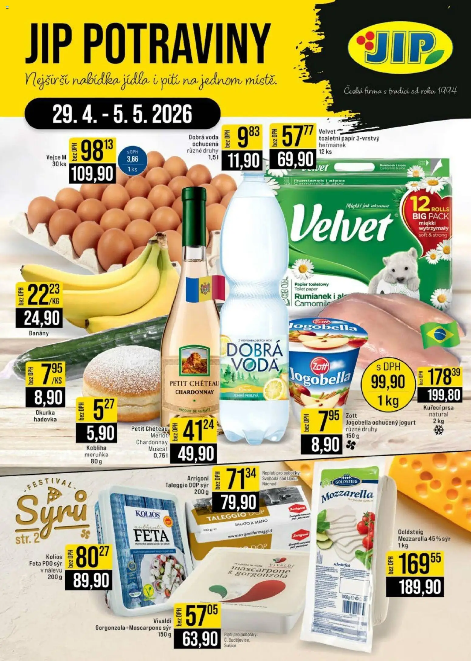 Náhled nabídky: Jip Jip leták - Cash & Carry platný od 29.04.2026 - Vejce, Mascarpone, Mozzarella, Dobrá voda, Merlot, Hadovka, Jogobella, Toaletní papír 3vrstvý