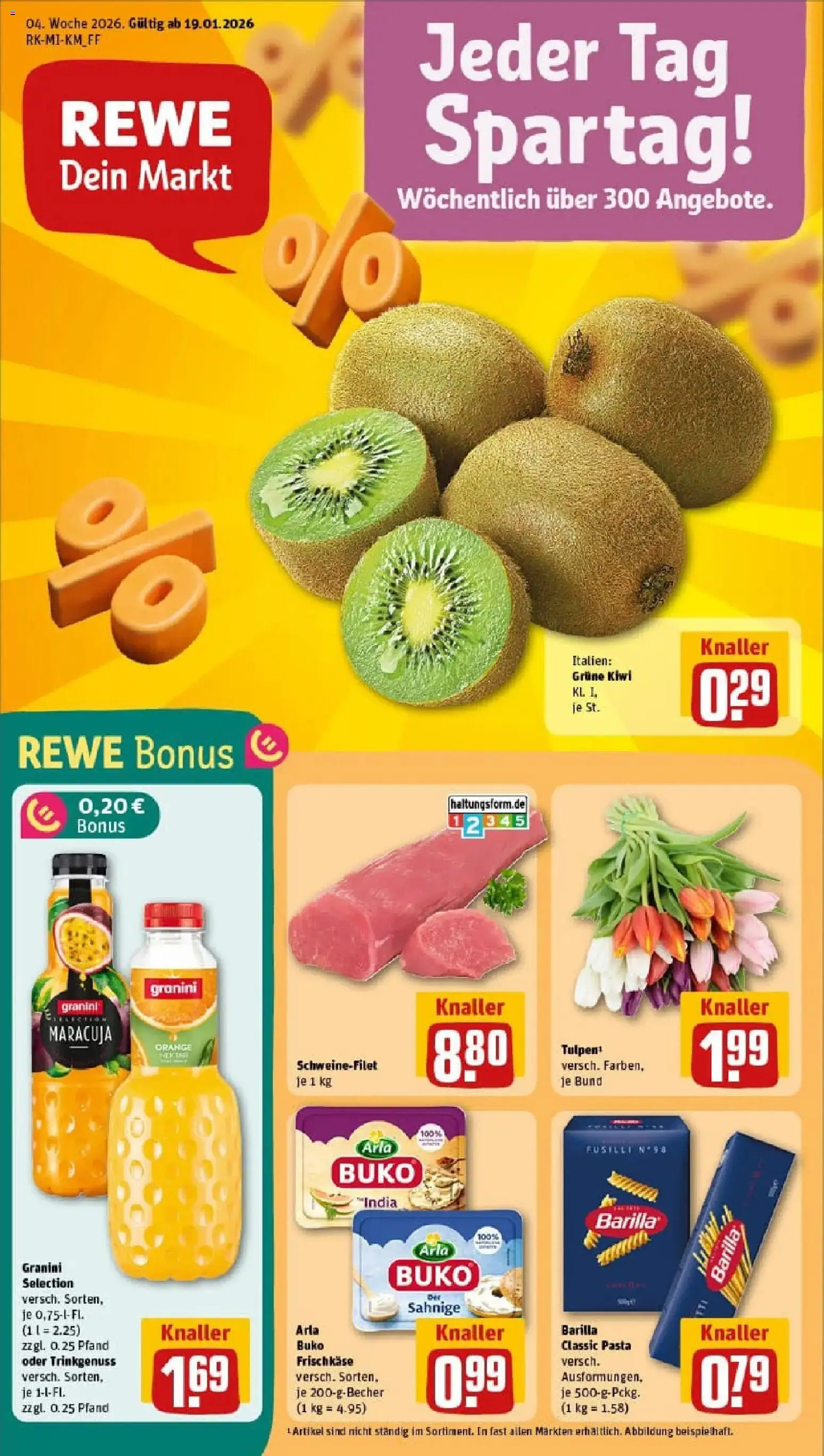 Vorschau von dem Prospekt des Geschäftes Rewe, gültig ab dem 18.01.2026 - Pasta, Kiwi, Schweinefilet, Barilla, Granini, Arla buko, Frischkase