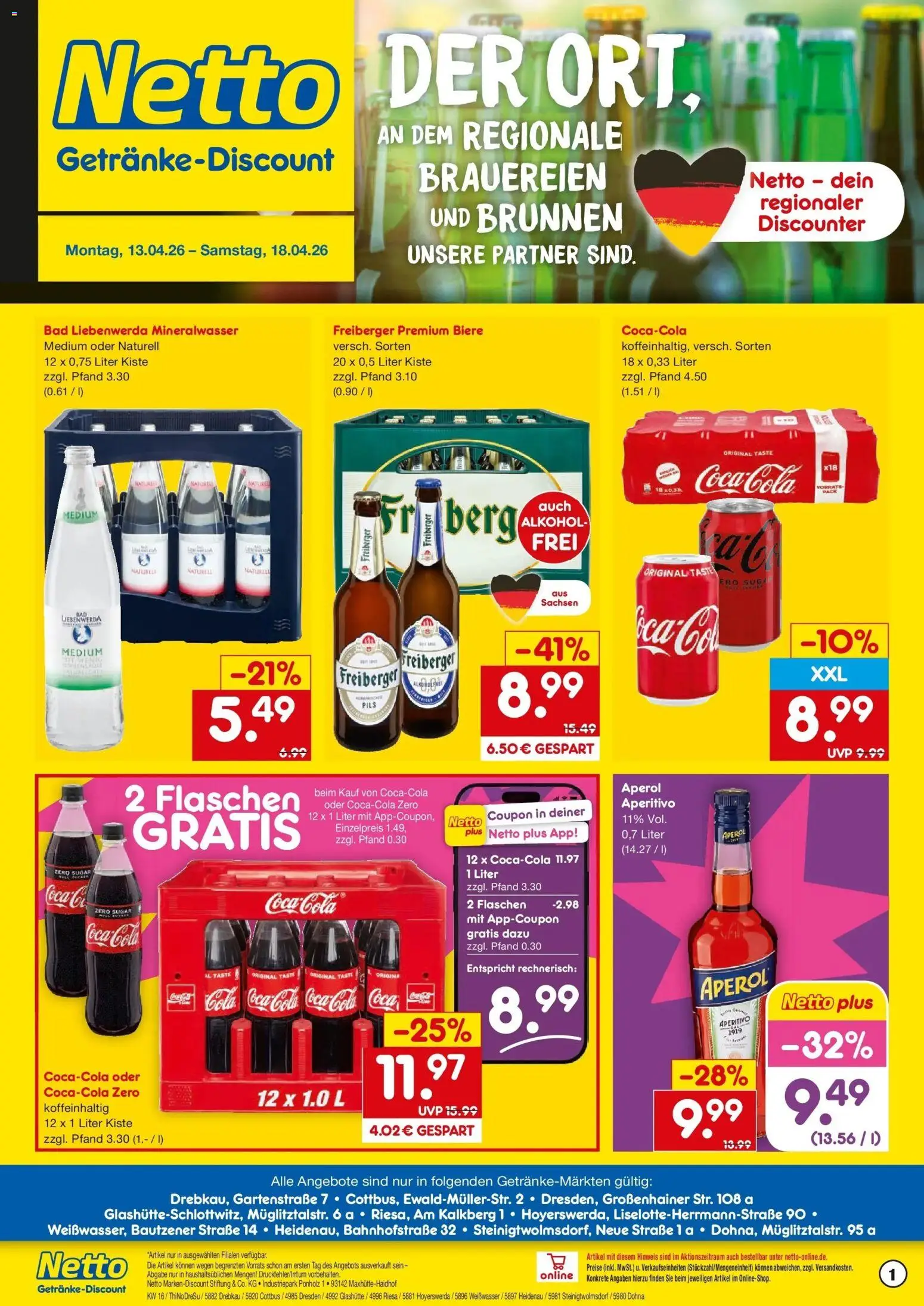 Vorschau von dem Prospekt des Geschäftes Netto Marken-Discount, gültig ab dem 13.04.2026 - Coca cola, Aperol, Bad, Cola, Mineralwasser, Alkohol, Pils, Coca cola zero