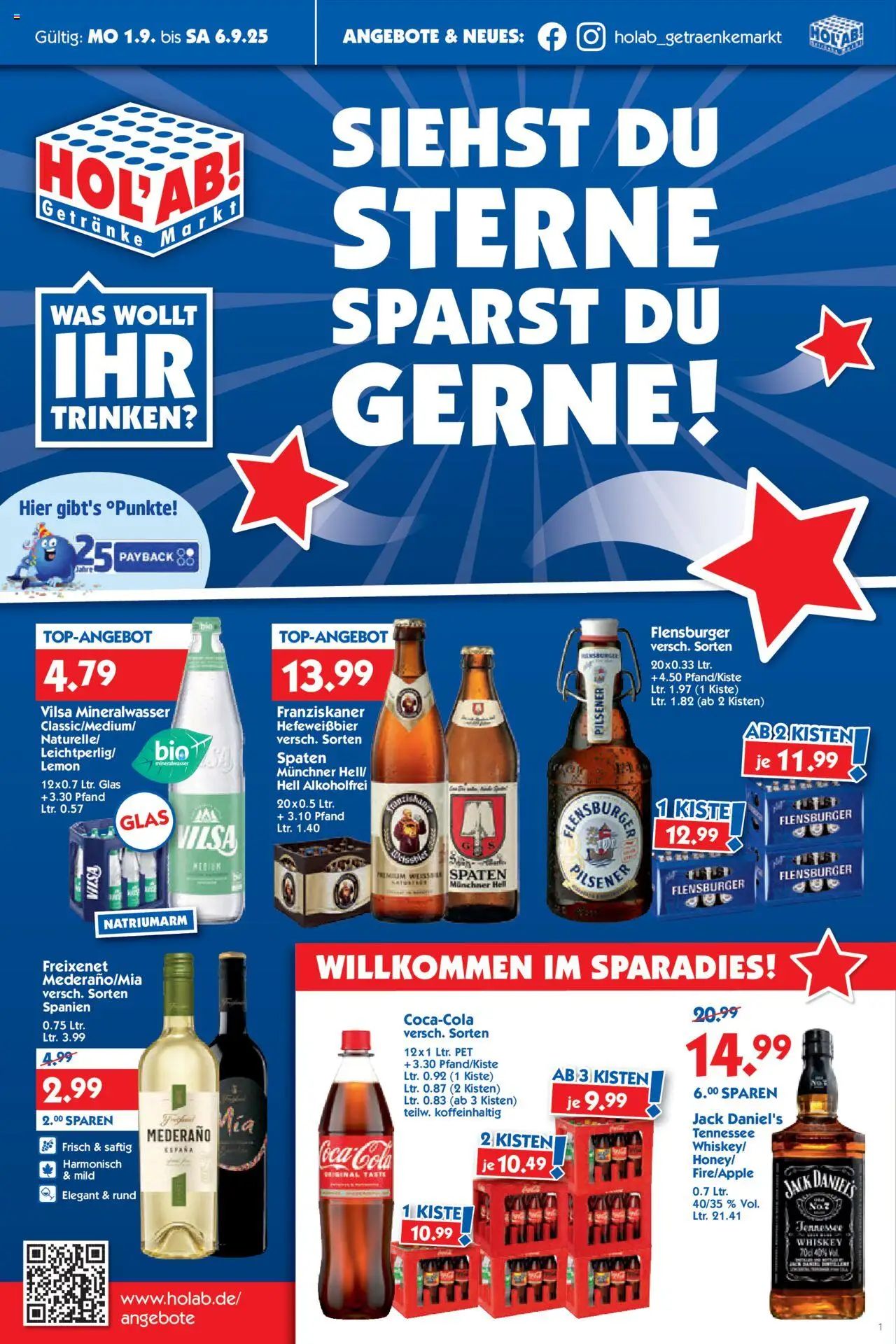 Vorschau von dem Prospekt des Geschäftes HOL’AB!, gültig ab dem 01.09.2025 - Flensburger, Cola, Mineralwasser, Whiskey, Franziskaner, Freixenet, Jack Daniel's