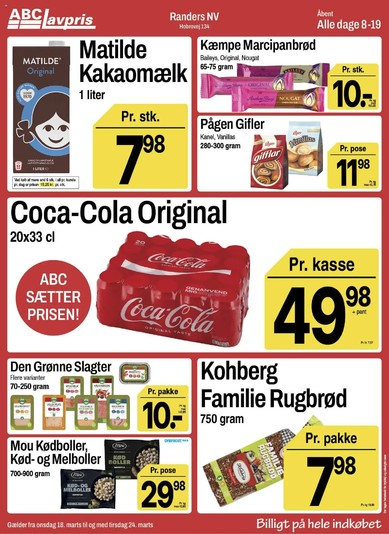 Eksempel på tilbudsavis Abc Lavpris - Randers NV fra butik Abc Lavpris gyldig fra 18/03/2026 - Coca Cola, Baileys, Cola, Pålæg, Rullepølse, Nougat, Spegepølse, Kakaomælk