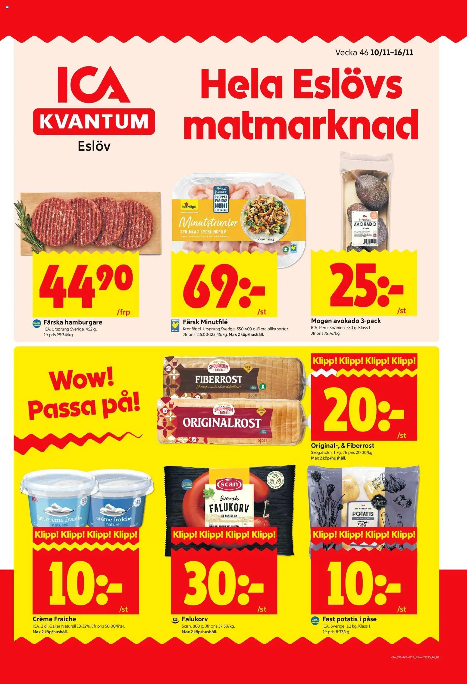 Förhandsgranska reklamblad Eslöv från butik ICA Kvantum gäller från 10/11/2025 - Bageri, Hamburgare, Creme fraiche, Falukorv, Potatis, Avokado, Kycklingfile, Galler