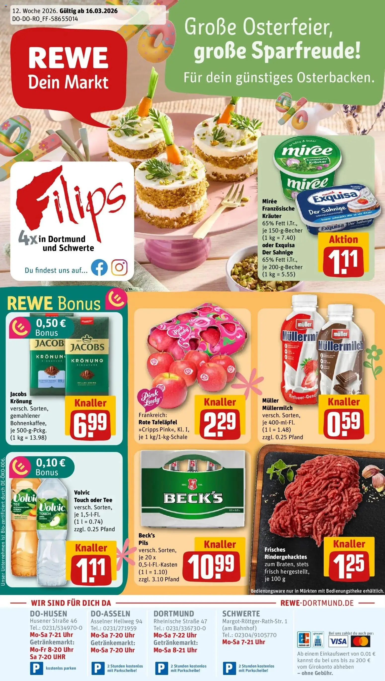 Vorschau von dem Prospekt des Geschäftes Rewe, gültig ab dem 16.03.2026 - Uhr, Äpfel, Pfirsich, Müllermilch, Volvic, Pils, Exquisa, Muller mullermilch