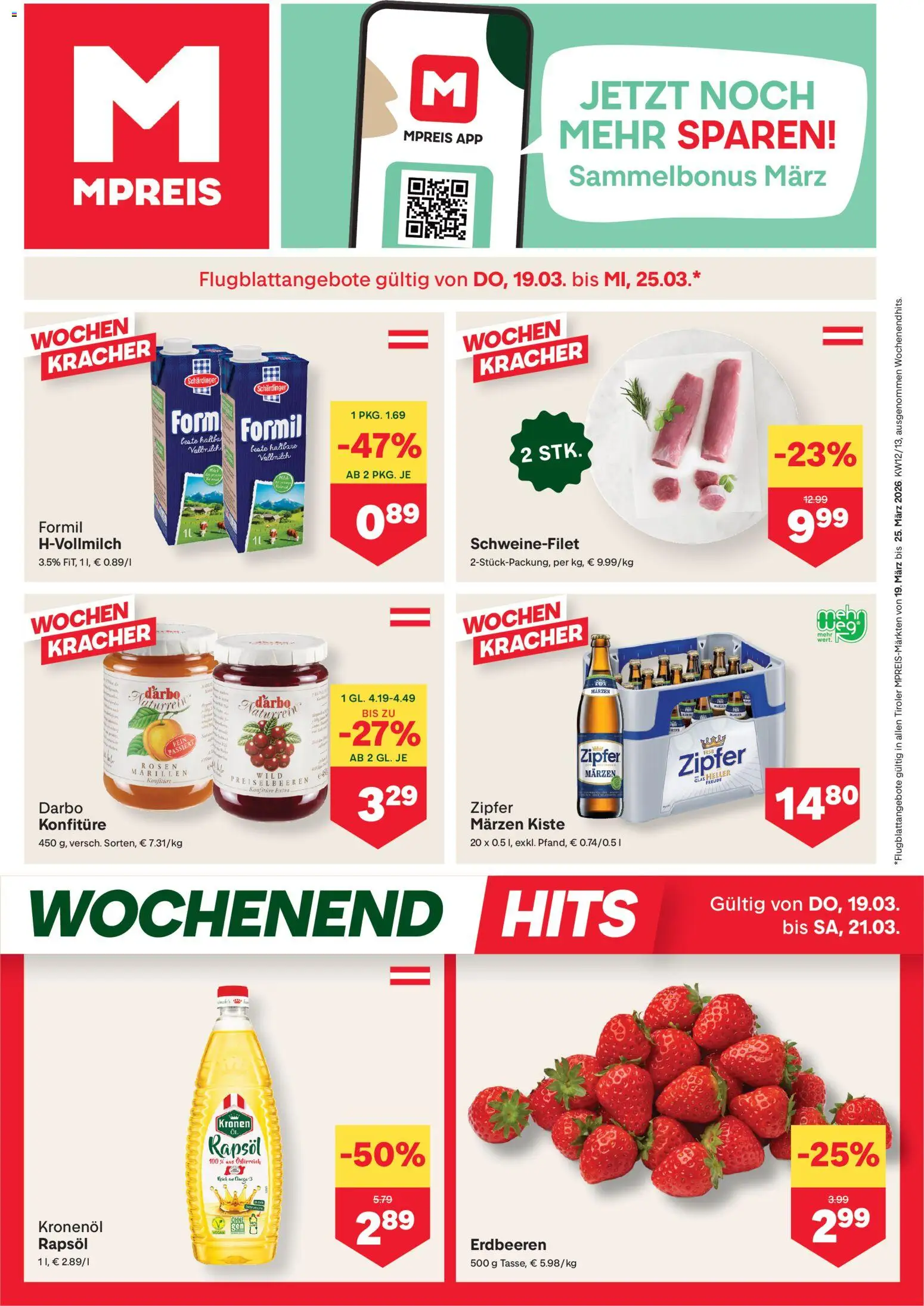 Vorschau der Angebote: MPREIS MPREIS Flugblatt gültig ab 19.03.2026 - Erdbeeren, Rapsöl, Vollmilch